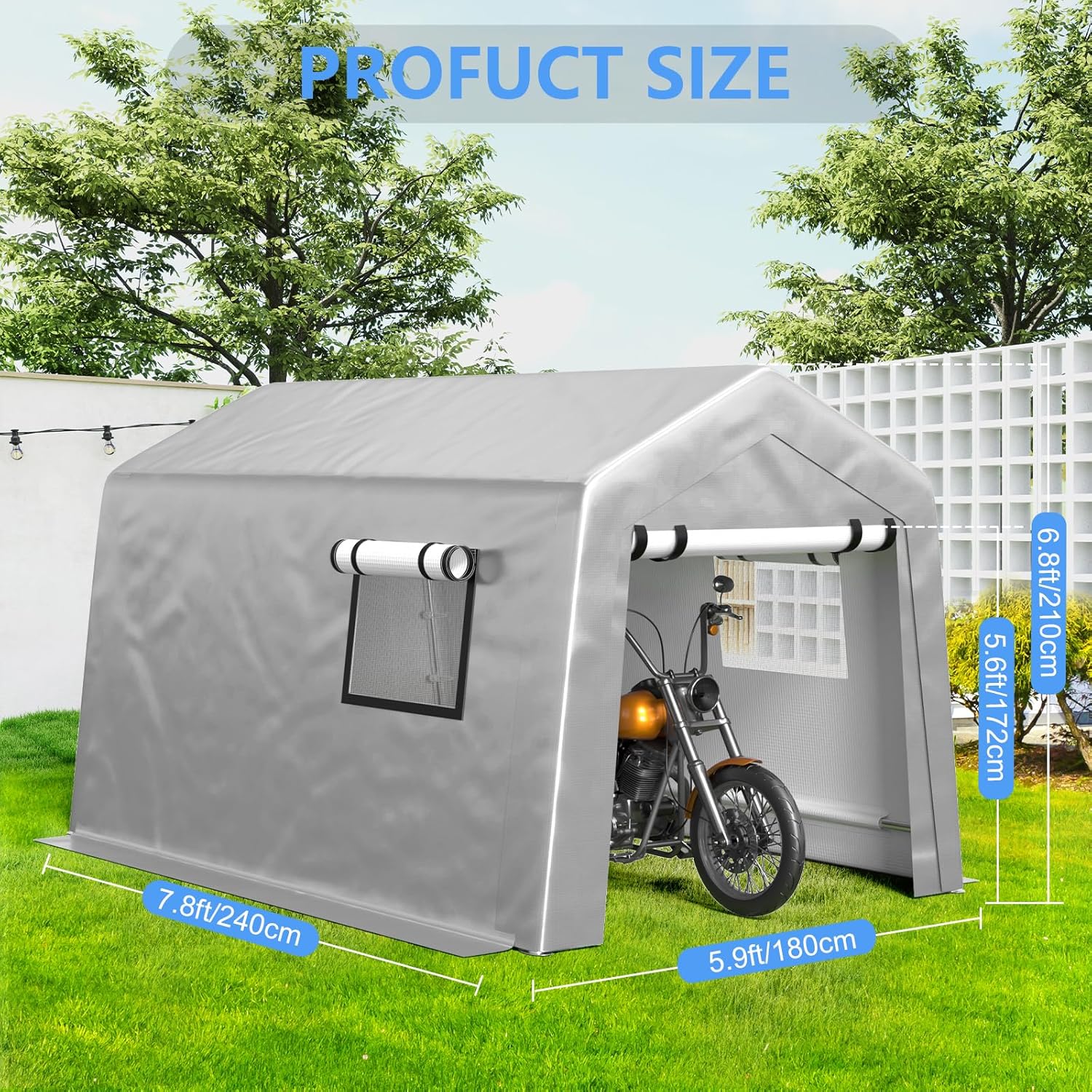 Jocoevol Carport 6x8 FT Enclosed Carport with Roll-up Windows, Portable Garage with Removable Sidewalls & Doors, Car Canopy Tent with Sandbags All-Season Tarp for Bike Motorcycle