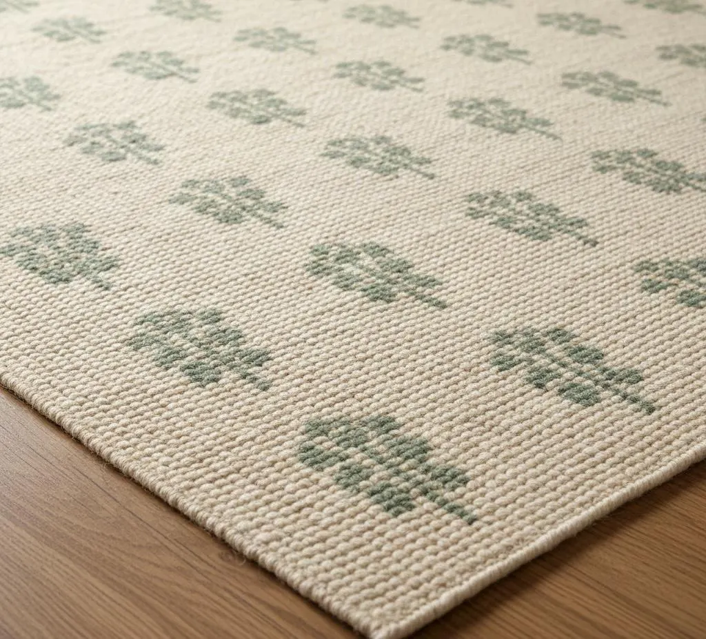 Hand Knotted Minimal Oatmeal Beige & Sage Green Wool Area Rug