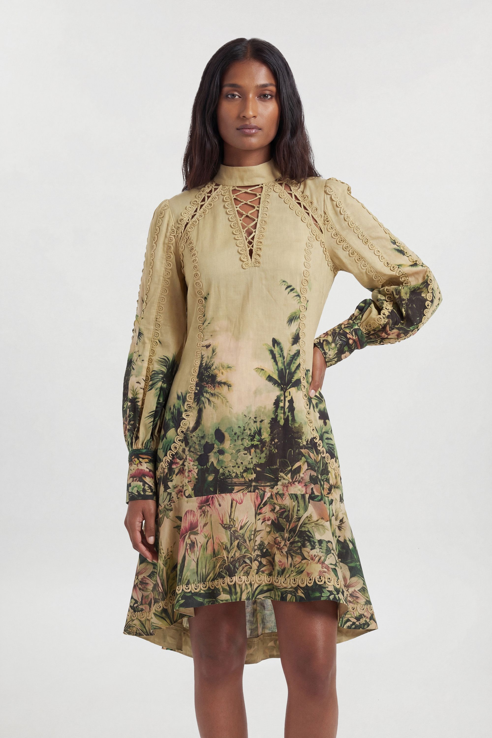 KarenMillen Botanical Print Woven High Neck Mini Dress