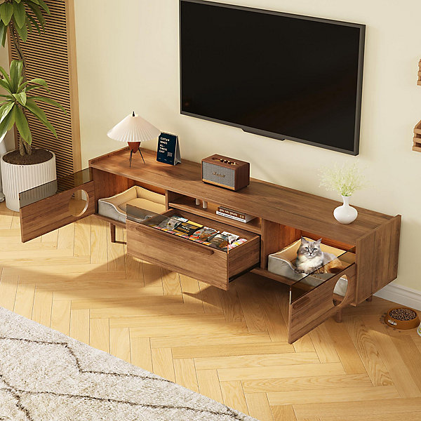 Meuble TV moderne avec éclairage LED et espace pour chat,180x40x50cm,couleur noyer,leviers de soutien
