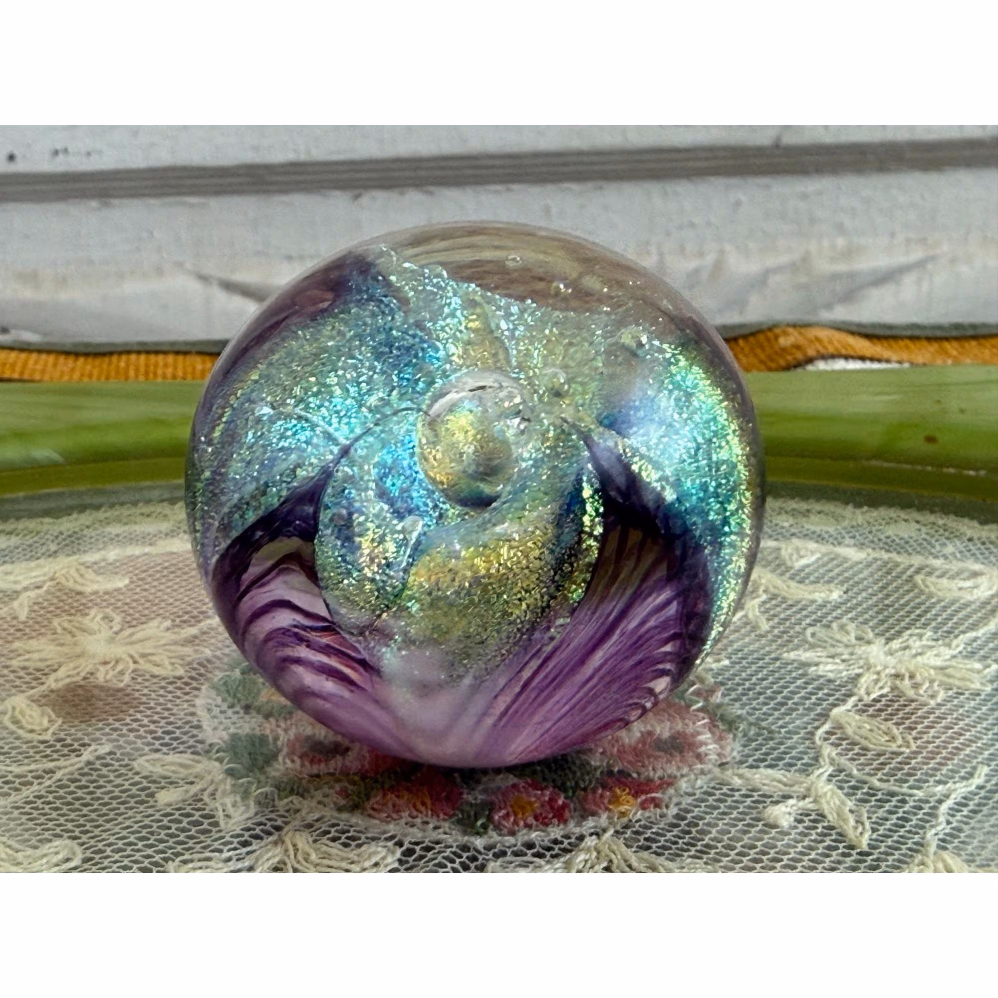 Vintage 90's GES Glass Eye Studio Purple Passion Flower Art Glass Paper Weight