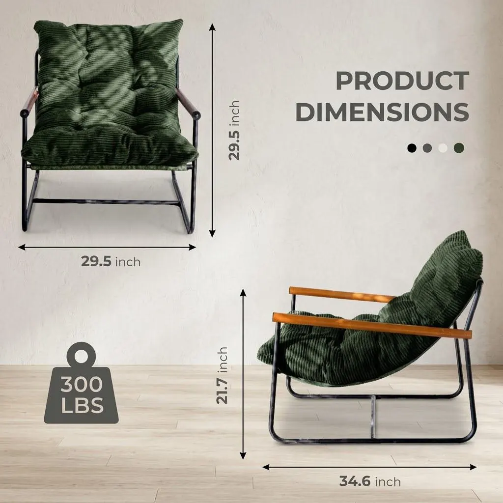 Modern Corduroy Accent Chair, Green Cozy Armchair with Wooden Armrests, Minimalist Living Room Lounge Seating, Comfy Bedroom Reading Chair
