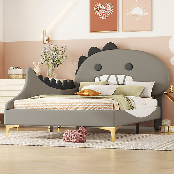 Lit enfant 90x200 cm - Lit Simple Dinosaure avec Tête de Lit Décorative - PU et MDF - Gris - Sans Matelas