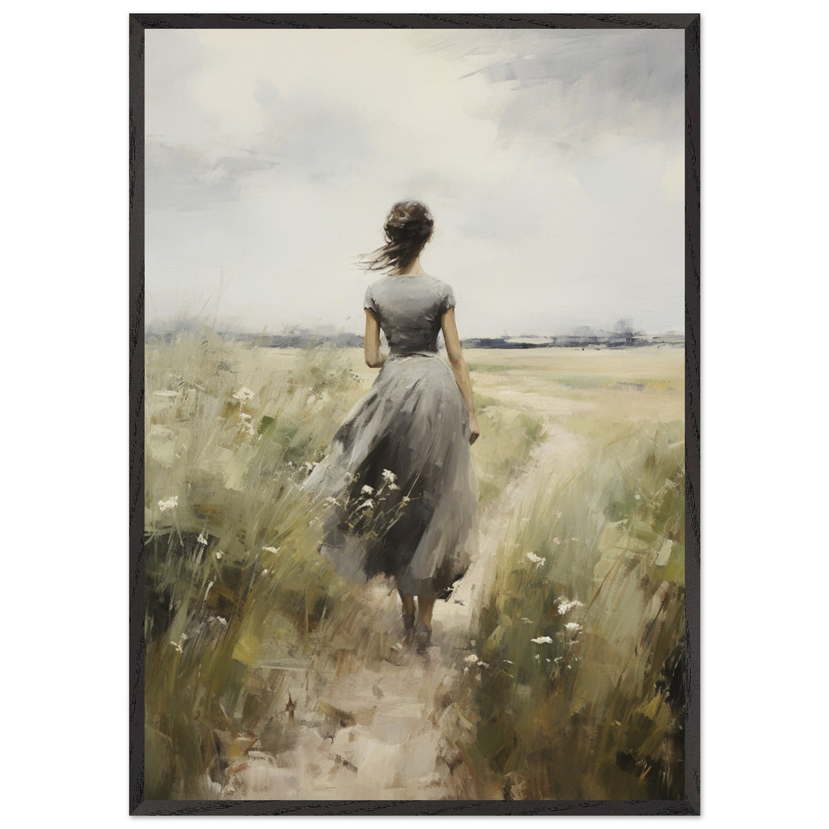 Artfulprints Poster met Lijst Woman in flowerfield  - 70x100 cm - Groen