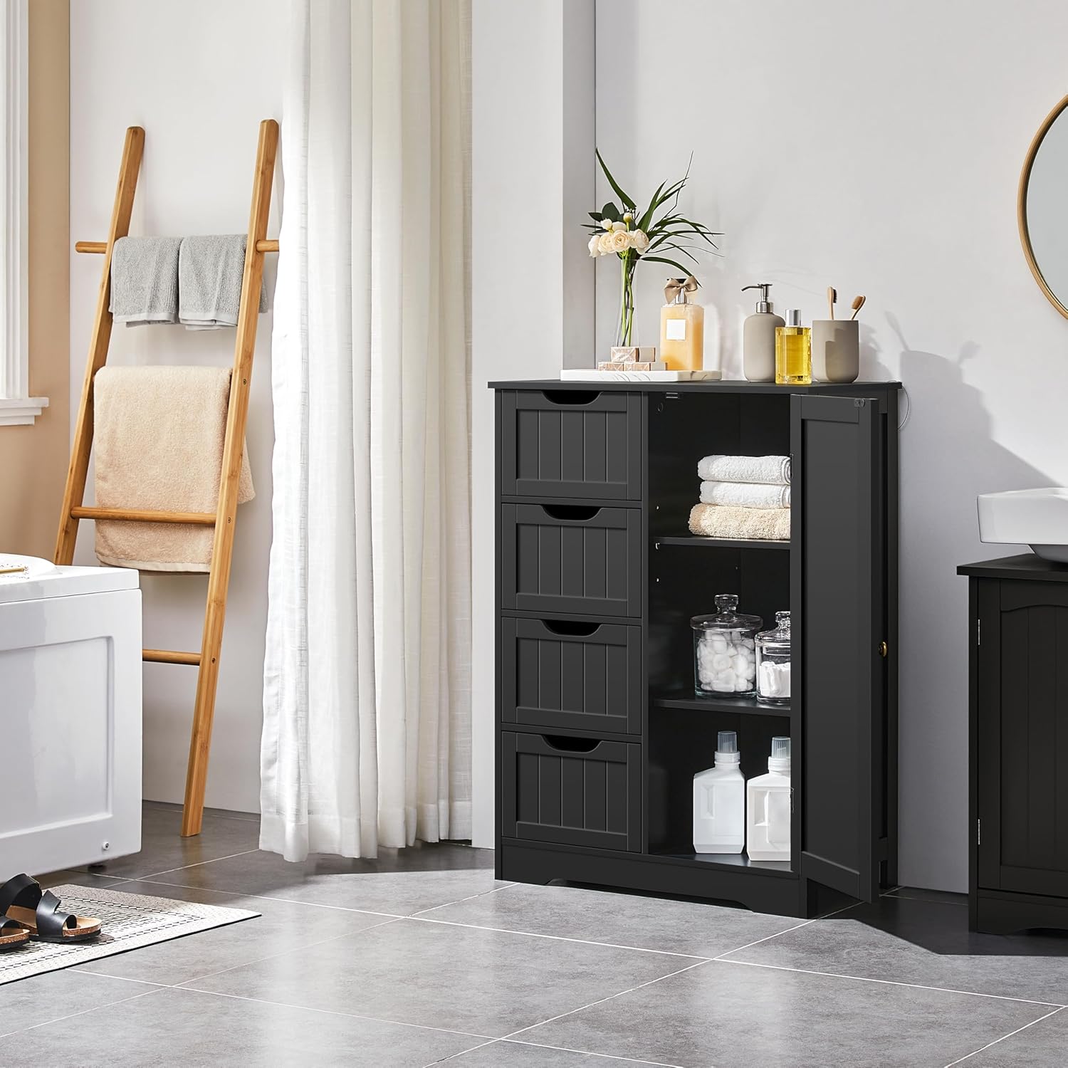 Yaheetech Wooden Storage Cabinet, Bathroom Storage Organizer with 4 Drawers & 1 Cupboard, Freestanding Cabinet Table for Bathroom, Entrance Area, Kitchen, Black