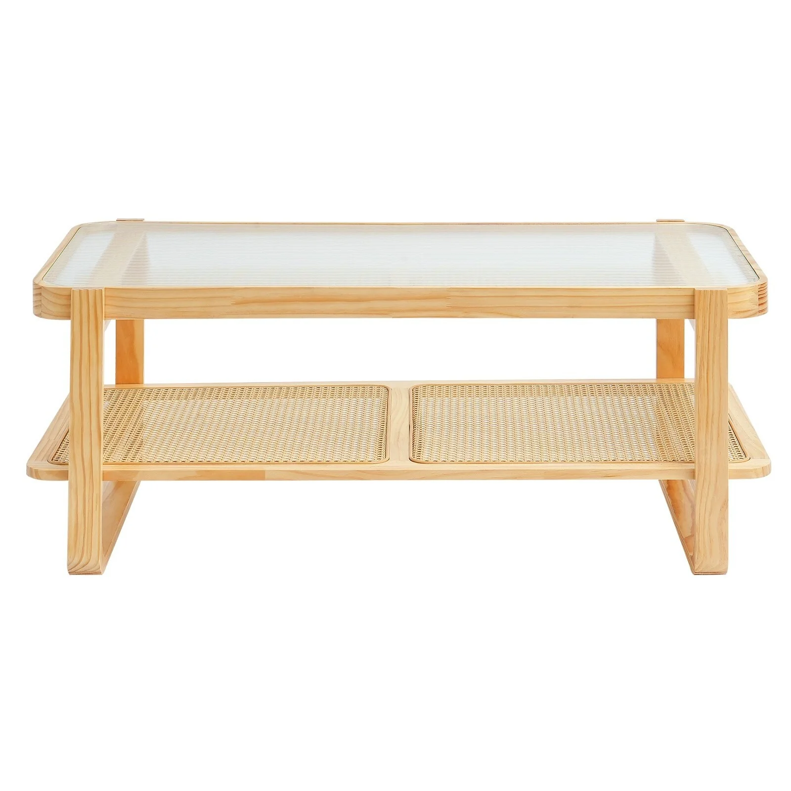 45-Inch Rectangle Rattan Coffee Table with Tempered Glass Top and One Open Storage Shelf - 45.3 x 22.4 x 17.7 in