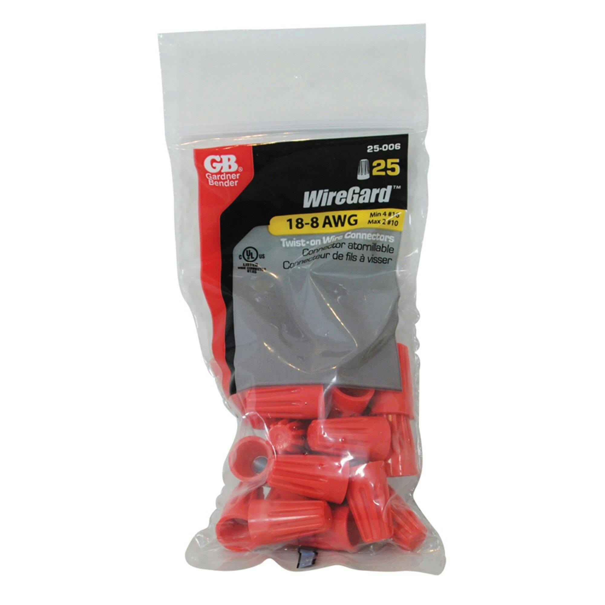GARDNER BENDER 25-006 WireGard High Peformance Twist On Wire Connectors, 18-10 AWG, Red, 25-pk