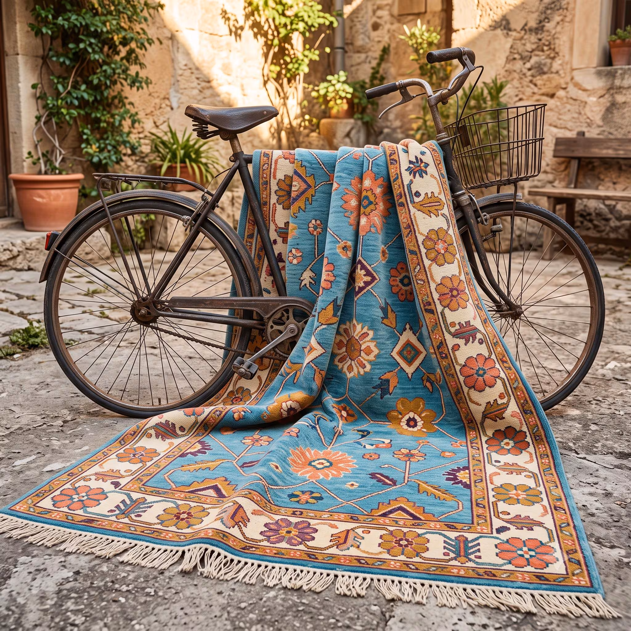 Hand Knotted Oushak Rug, Vintage Persian Floral Carpet, Blue Oriental Area Rug, Turkish Style Runner, Bohemian Home Decor