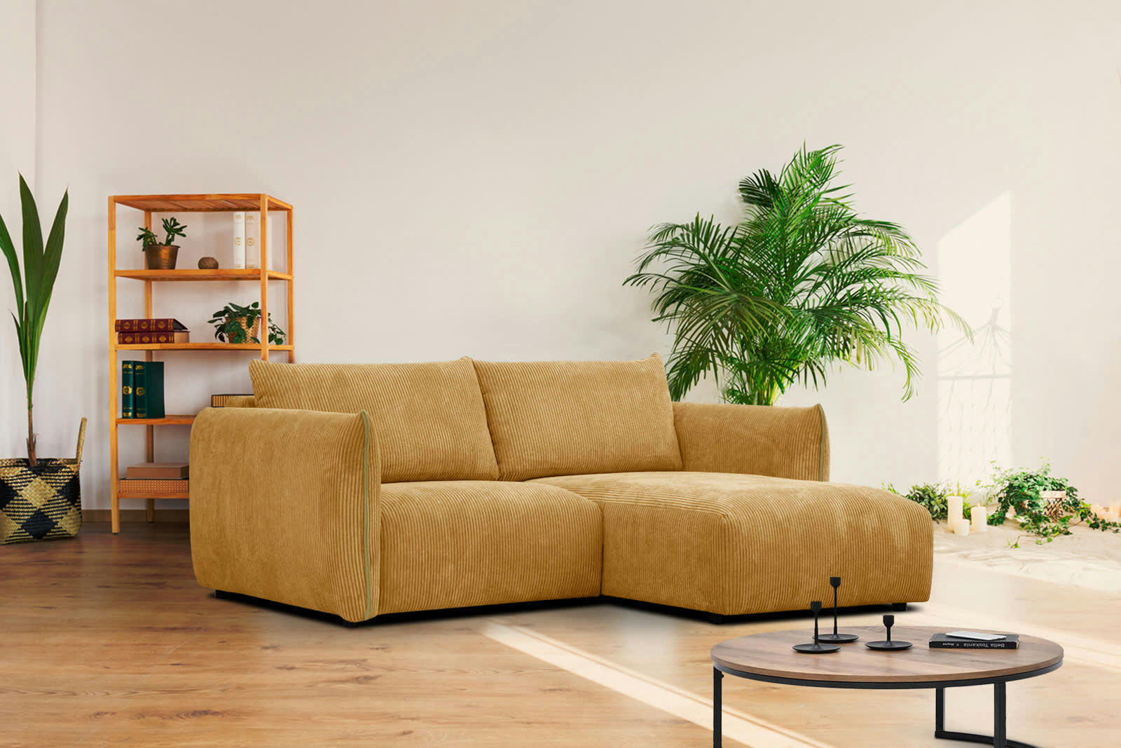 TAUER - Canapé d'angle droit 3 places tissu jaune