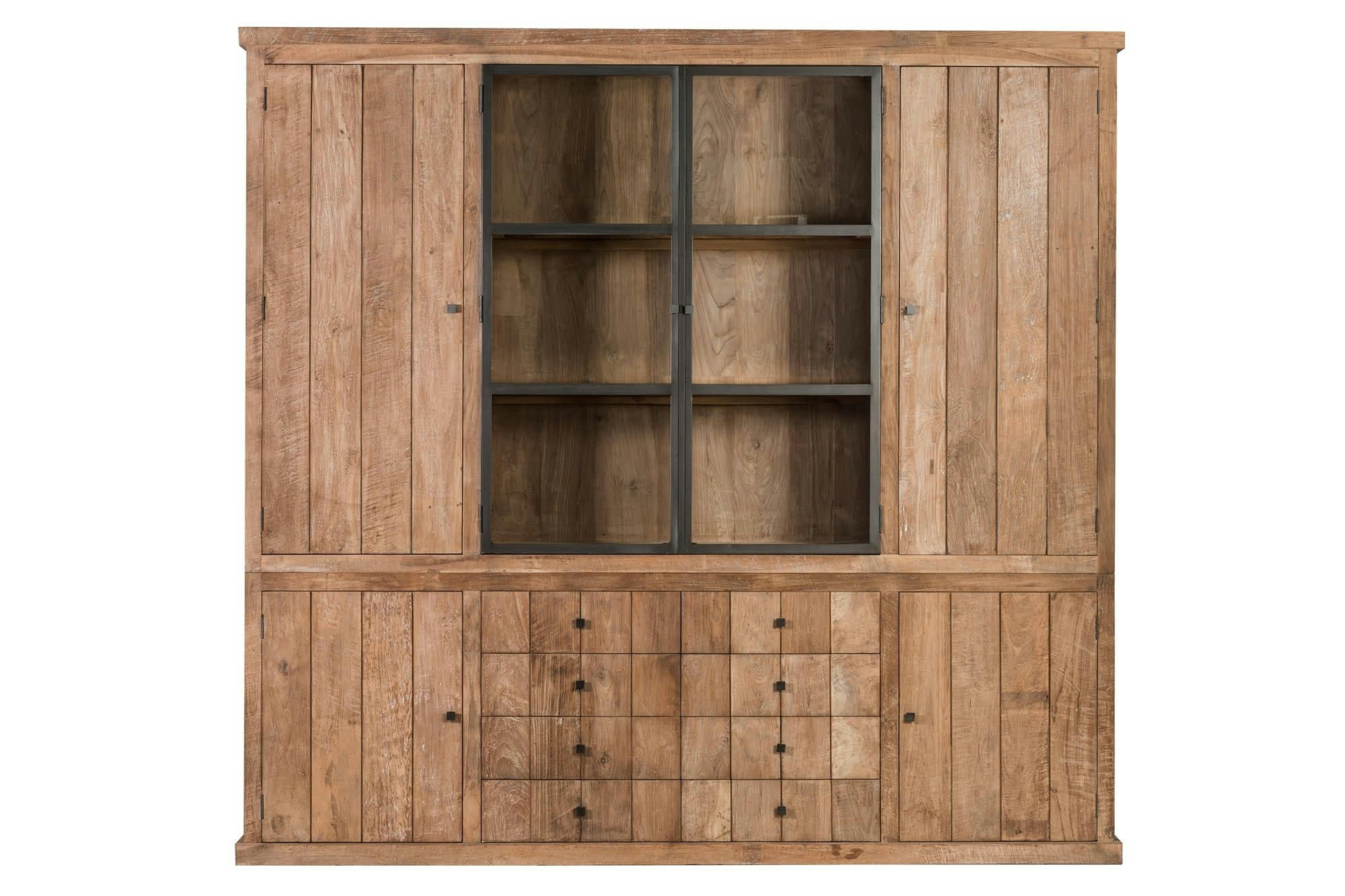 LINAS - Buffet vaisselier en bois recyclé 4 portes 8 tiroirs éclairage LED