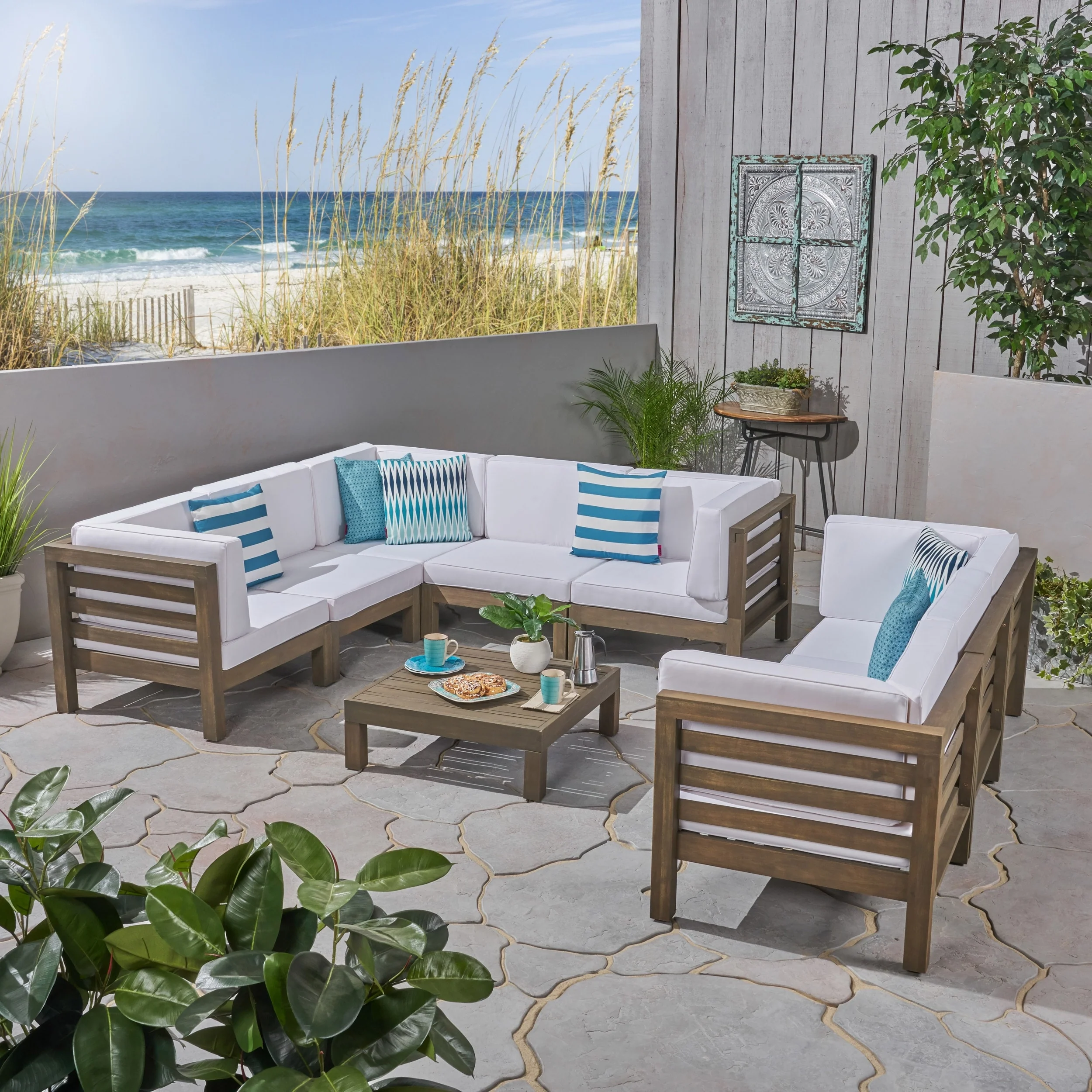 Oana Outdoor 9-Piece Acacia Wood Sectional Sofa Set with Coffee Table by Christopher Knight Home
