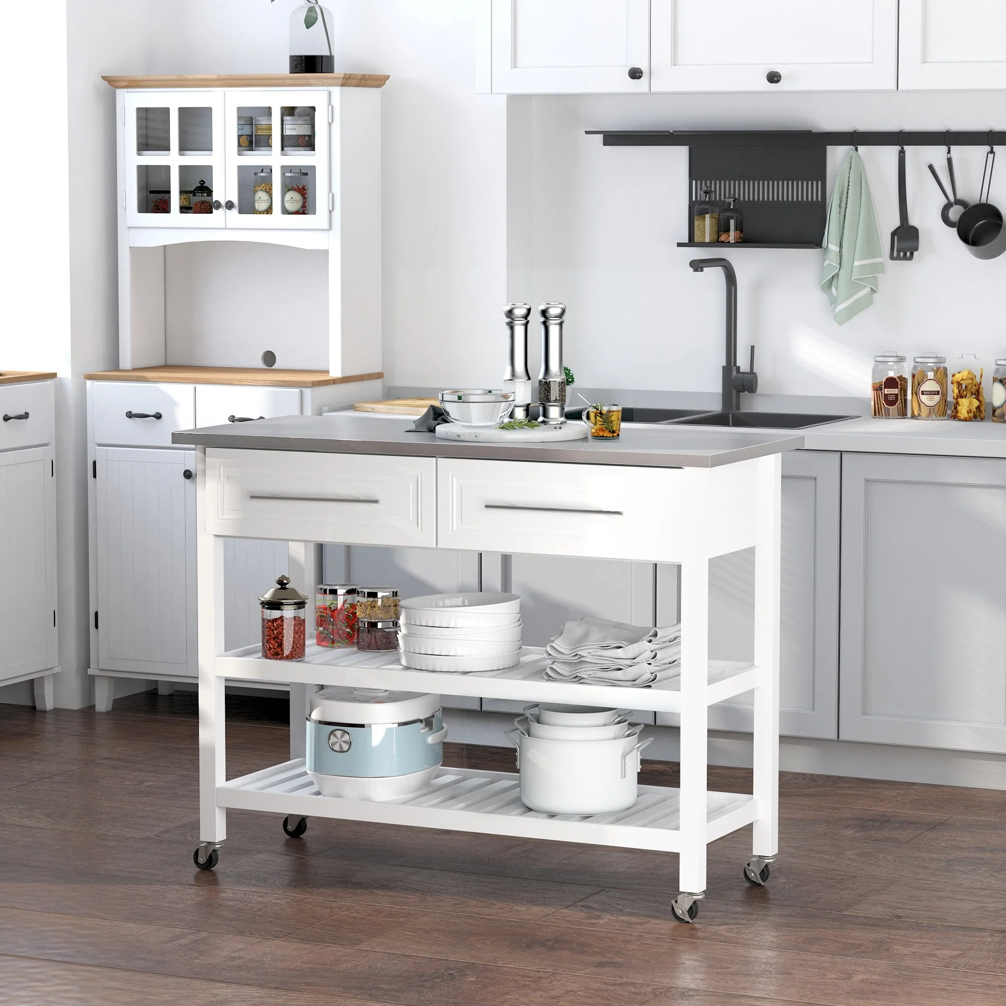 Kitchen Island with Stainless Steel Top, Traditional Kitchen Island with Storage, 2-Tier Open Shelves, Drawers