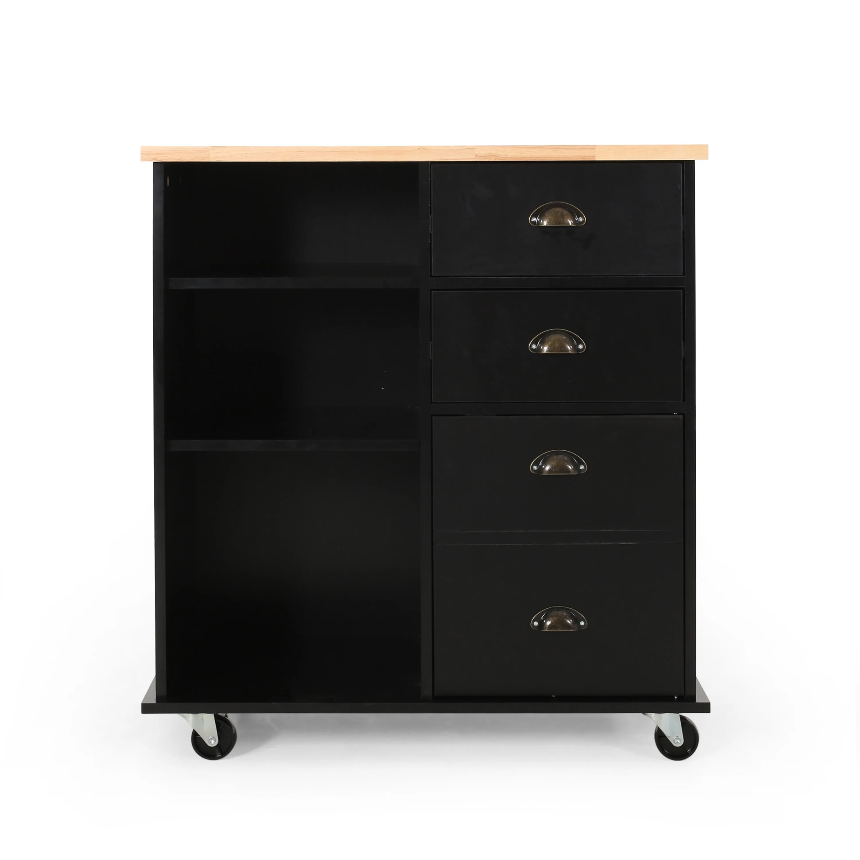 Modern Kitchen Cart with Rubberwood Top, Cabinet Storage, Two Drawers, Three Open Shelves and Lockable Rolling Casters