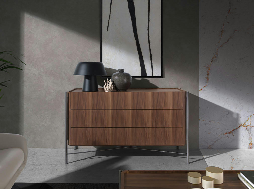 - Commode effet bois noyer et acier gris