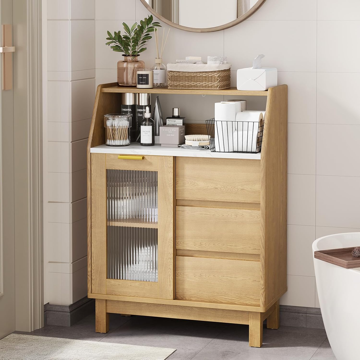 Bathroom Storage Cabinet, Small Storage Cabinets with Doors and Shelves, Coffee Bar Cabinet Buffet Sideboard Cabinet for Dining Room, Living Room, Entryway (Wood)