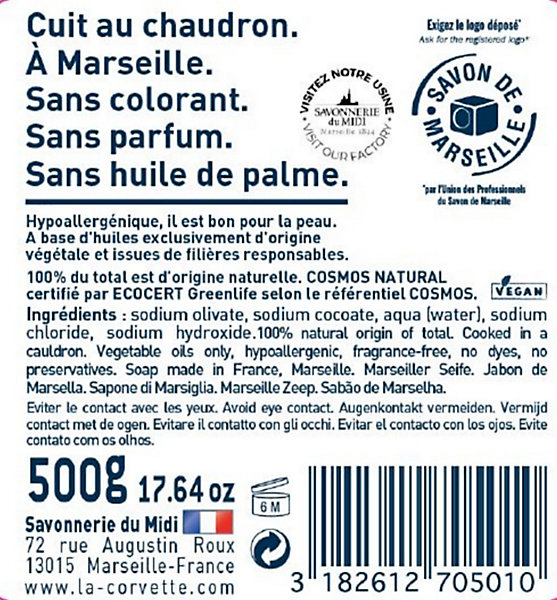 Cube de Savon de Marseille La Corvette Savonnerie du midi olive 500g