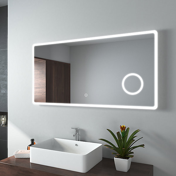 EMKE Miroir lumineux salle de bain 120x60cm, Miroir LED, Interrupteur Tactile, 3x Grossissement, éclairage Lumière Blanche Froide