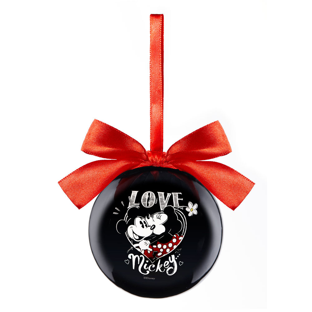 Boule de No&euml;l Disney Mickey et Minnie avec noeud rouge et noir