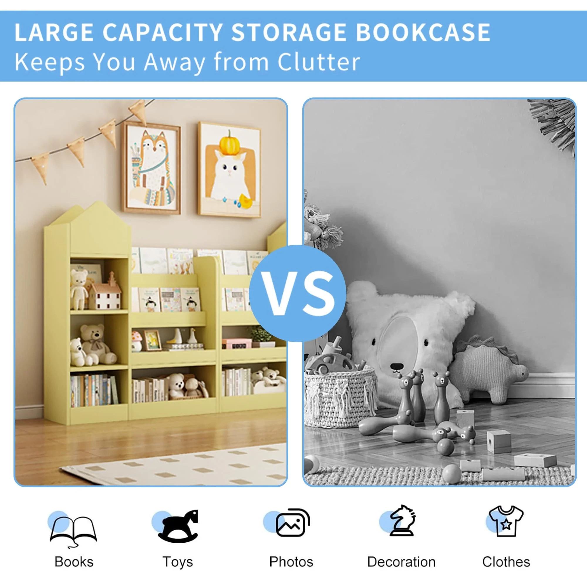 Kids Wooden Bookshelf Toy Storage Organizer with Bookcase