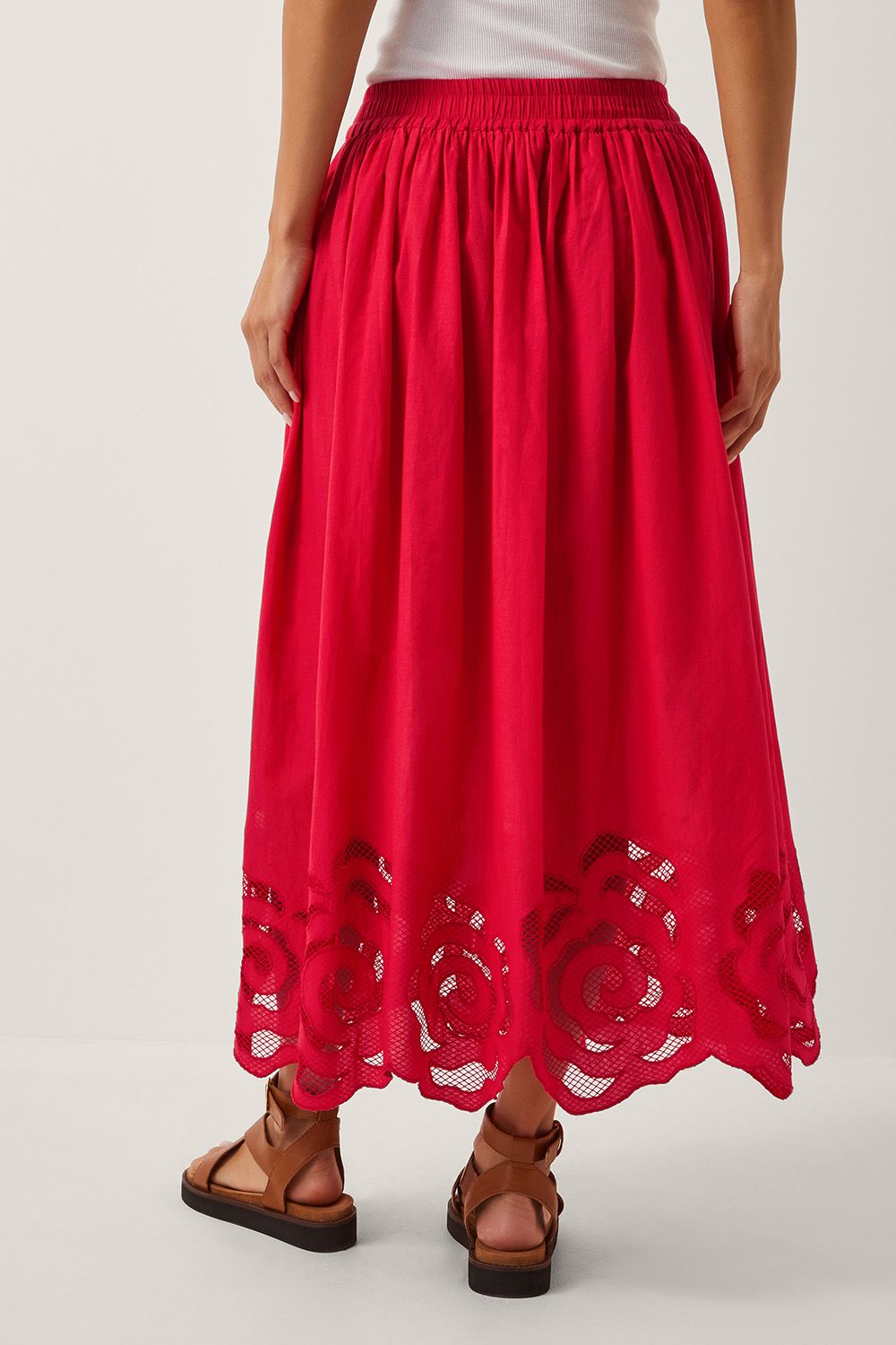 Monsoon Grace Cutwork Midi Skirt Red