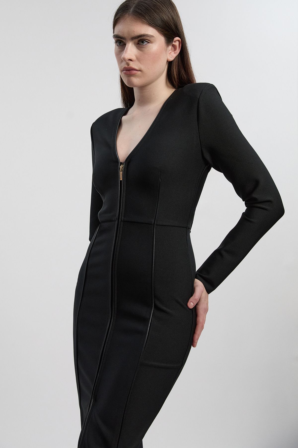 KarenMillen Petite PU Tipped Detail Zip Through Bandage Knit Midi Dress