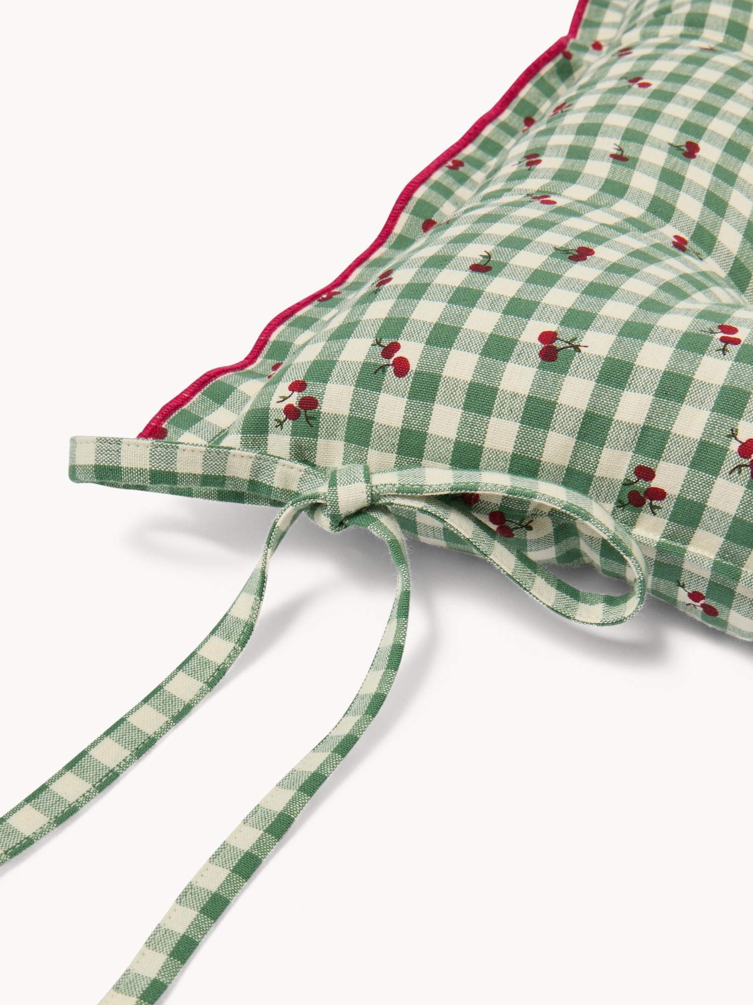 Cuscino da sedia in puro cotone tinto filo vichy con stampa ciliegie e piping - Prezzo di lancio