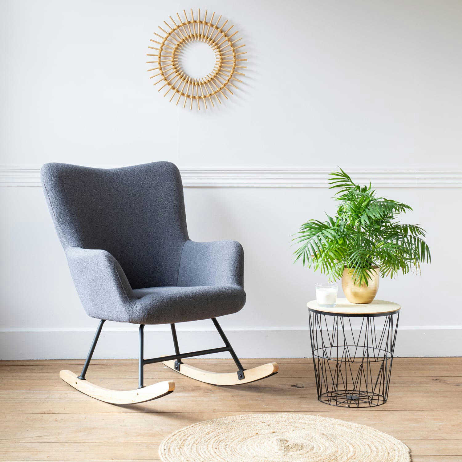 KAIRA - Fauteuil à bascule en tissu boucle gris