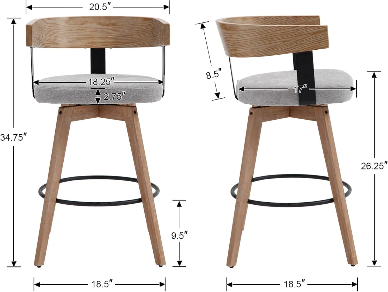 DUOMAY Swivel Bar Stools Set of 4, 26 Counter Height Bar Stool with Footrest Modern Wood Barstools with Linen Upholstered Seat Counter Stools for Kitchen Island Home Bar,Grey