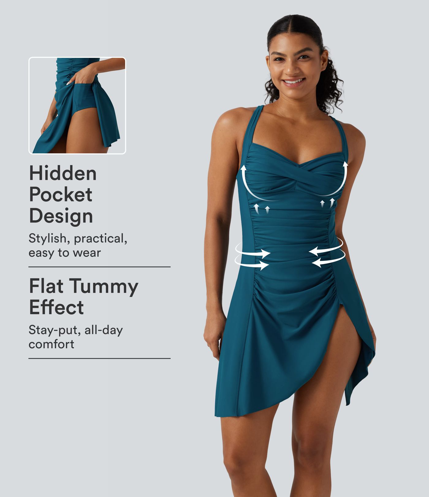 Robe de bain 2-en-1 push-up gainante à encolure Queen Anne avec bretelles ajustables, design torsadé, fronces, ourlet fendu, brassière intégrée et poches