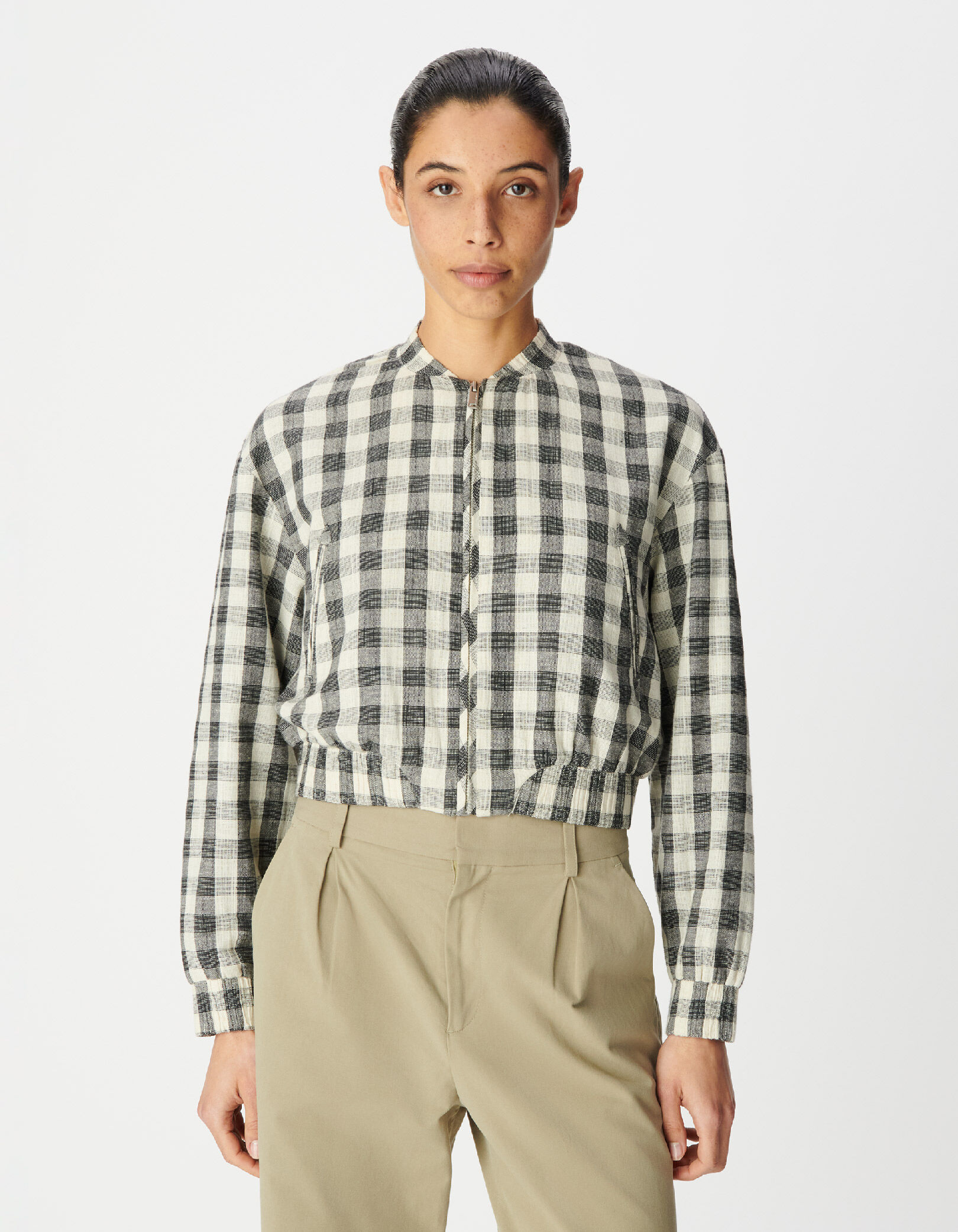 Blouson court écru motif carreaux Femme