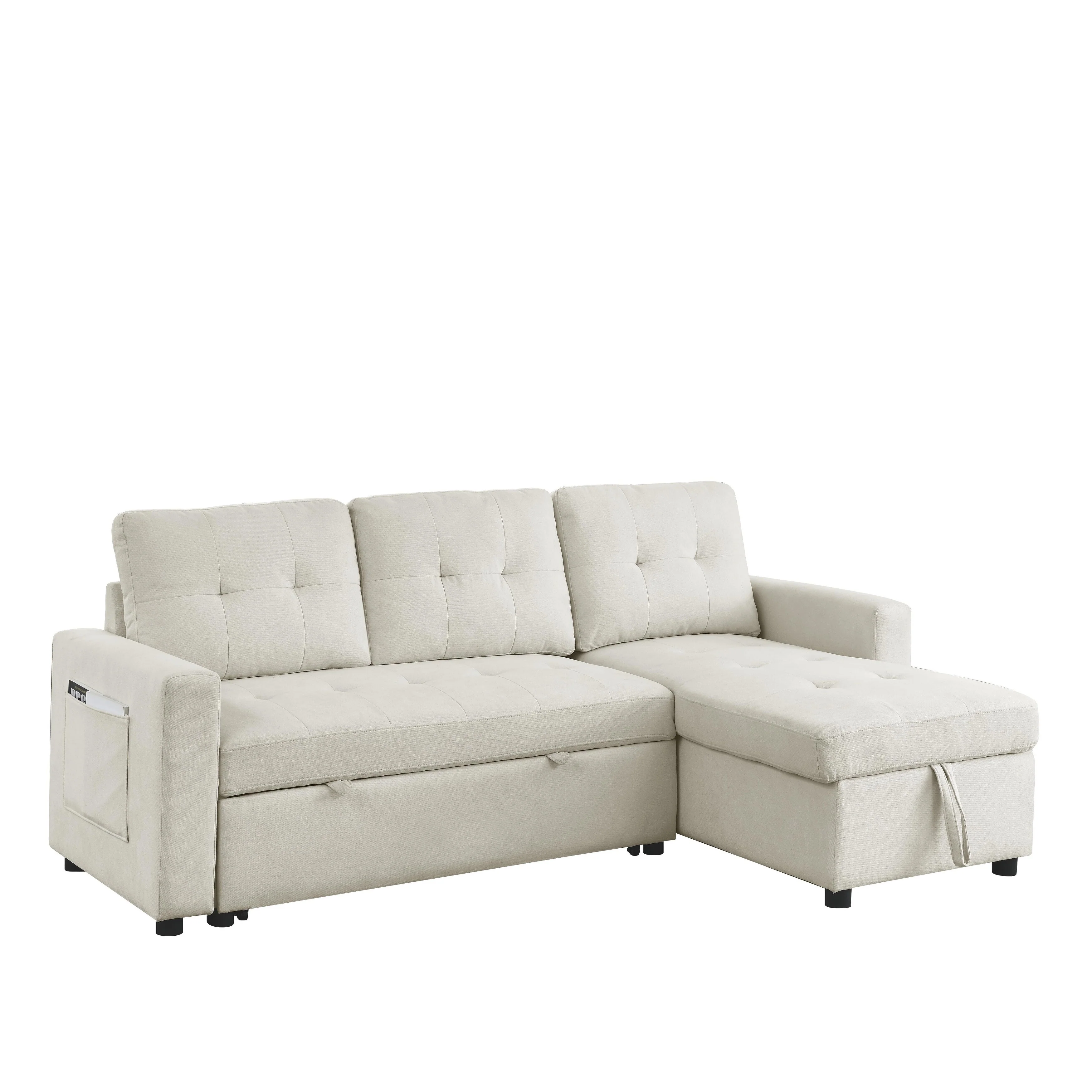 Modern Convertible Sofa Bed with Reversible Chaise and Storage Pocket for Living Room or Guest Room