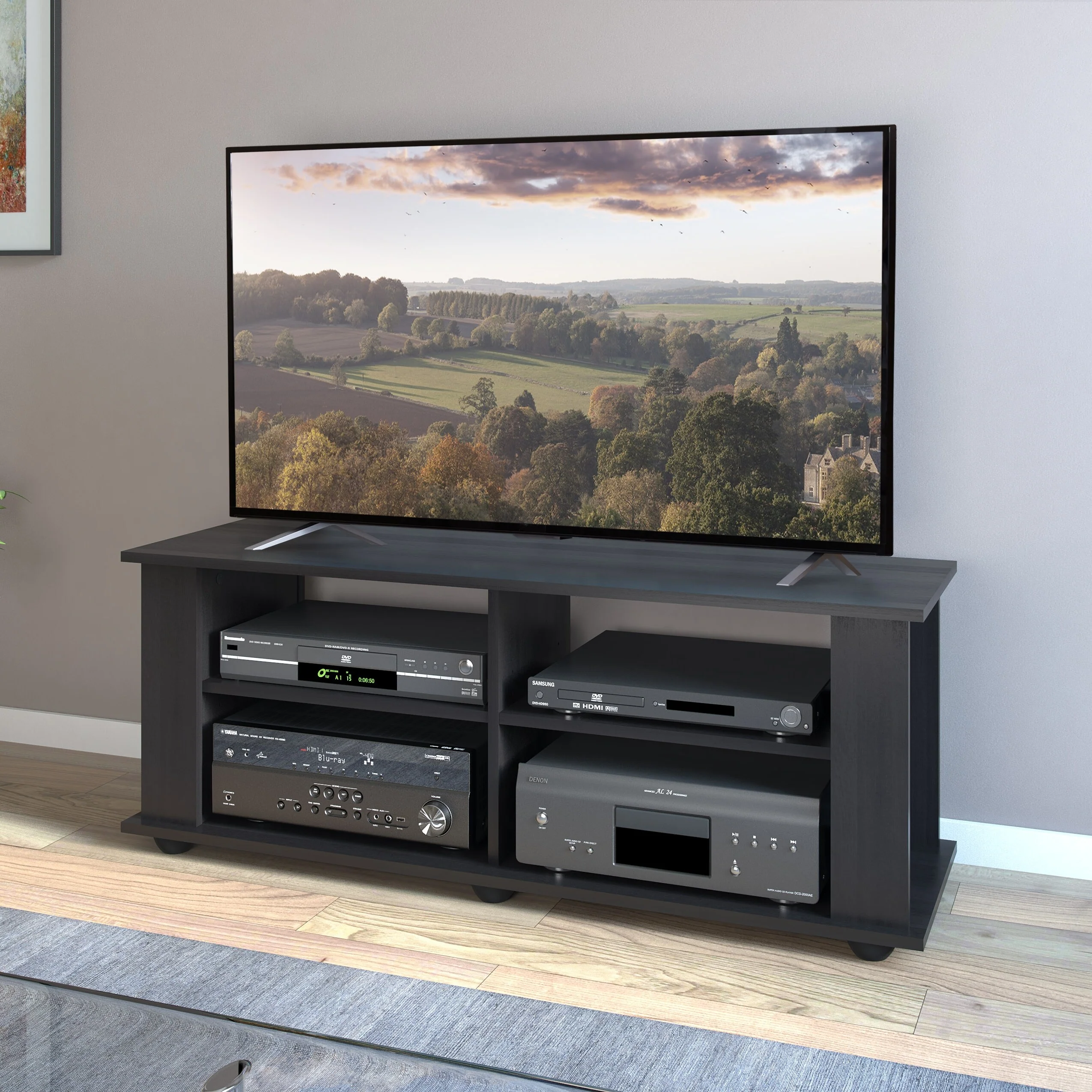Black TV Stand, accommodates TVs up to 55 or 75