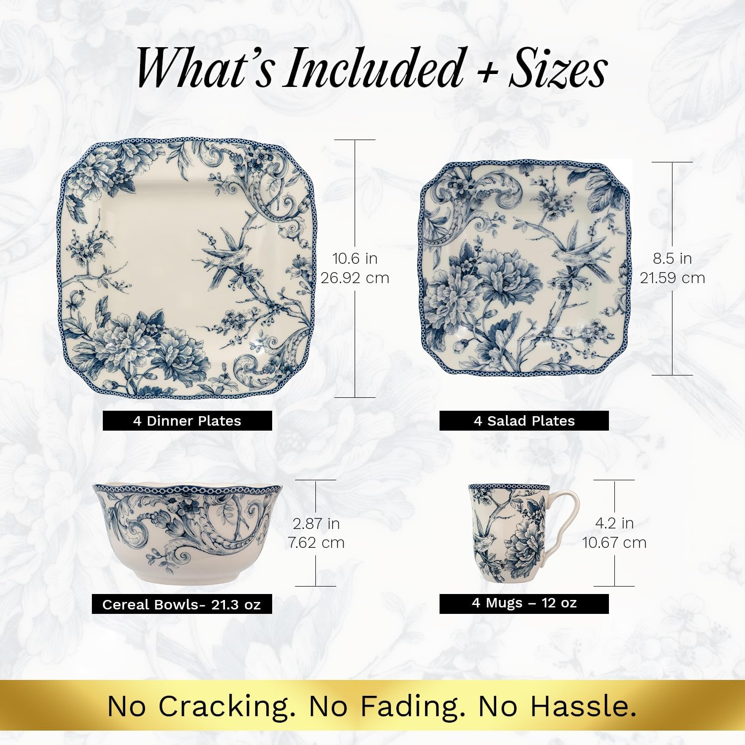 222 Fifth Adelaide Blue 16-Piece Floral Porcelain Dinnerware Set | Microwave and Dishwasher Safe Dining Set for 4 | Stackable and Chip-Resistant Plates Bowls and Cups | Gift for Housewarming & Wedding