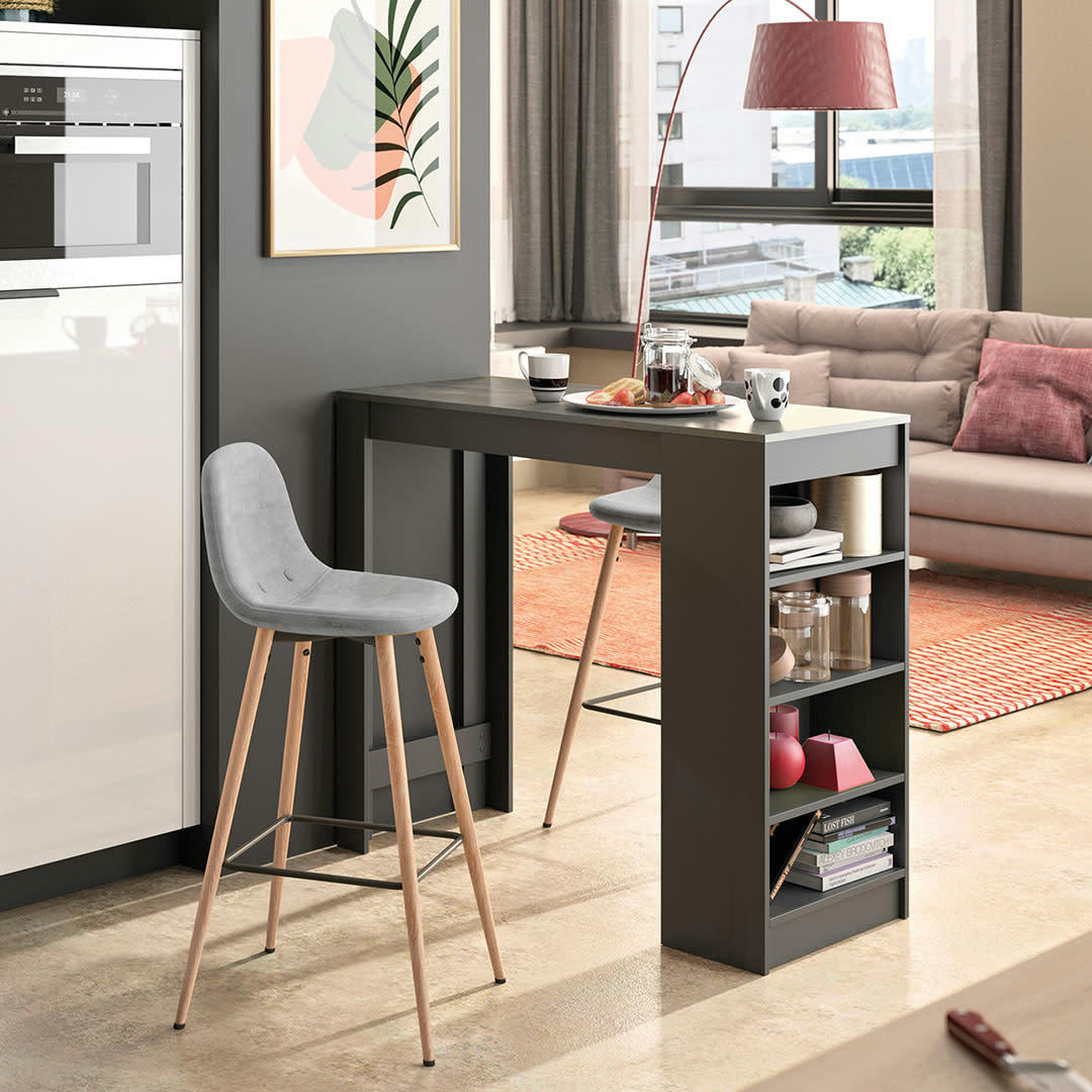 COCOON - Table bar effet bois noir et béton - gris clair