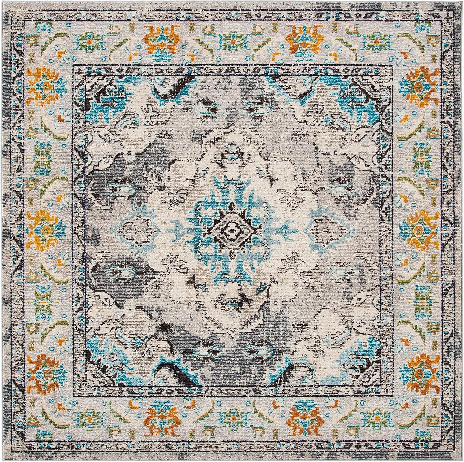 SAFAVIEH Monaco Collection Area Rug - 11' Square, Grey & Light Blue, Non-Shedding & Easy to Clean, Distressed Medallion Design, Ideal for Living Room, Bedroom, Dining Space (MNC243G)