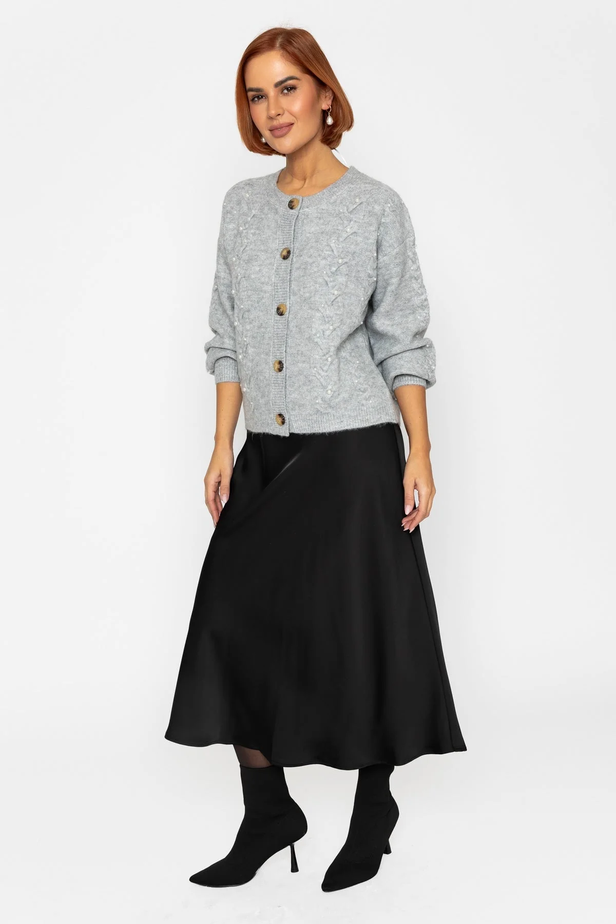 Grey Pearl Cable Knit Cardigan