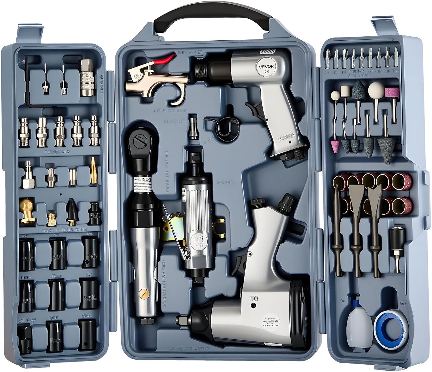 VEVOR 71 Pieces Pro Air Tool and Accessories Kit - 1/2 Air Impact Wrench, 3/8 Ratchet Wrench, 1/2 Die Grinder, 4500BPM Hammer, Blow Gun for Auto Repair, Home DIY Project - Storage Case Included