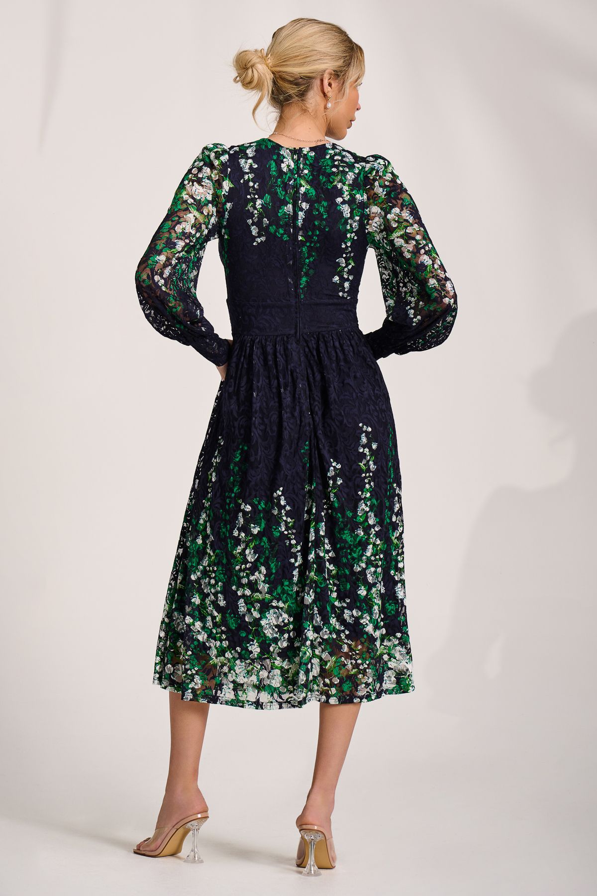 Jolie Moi Long Sleeve Printed Lace Midi Dress