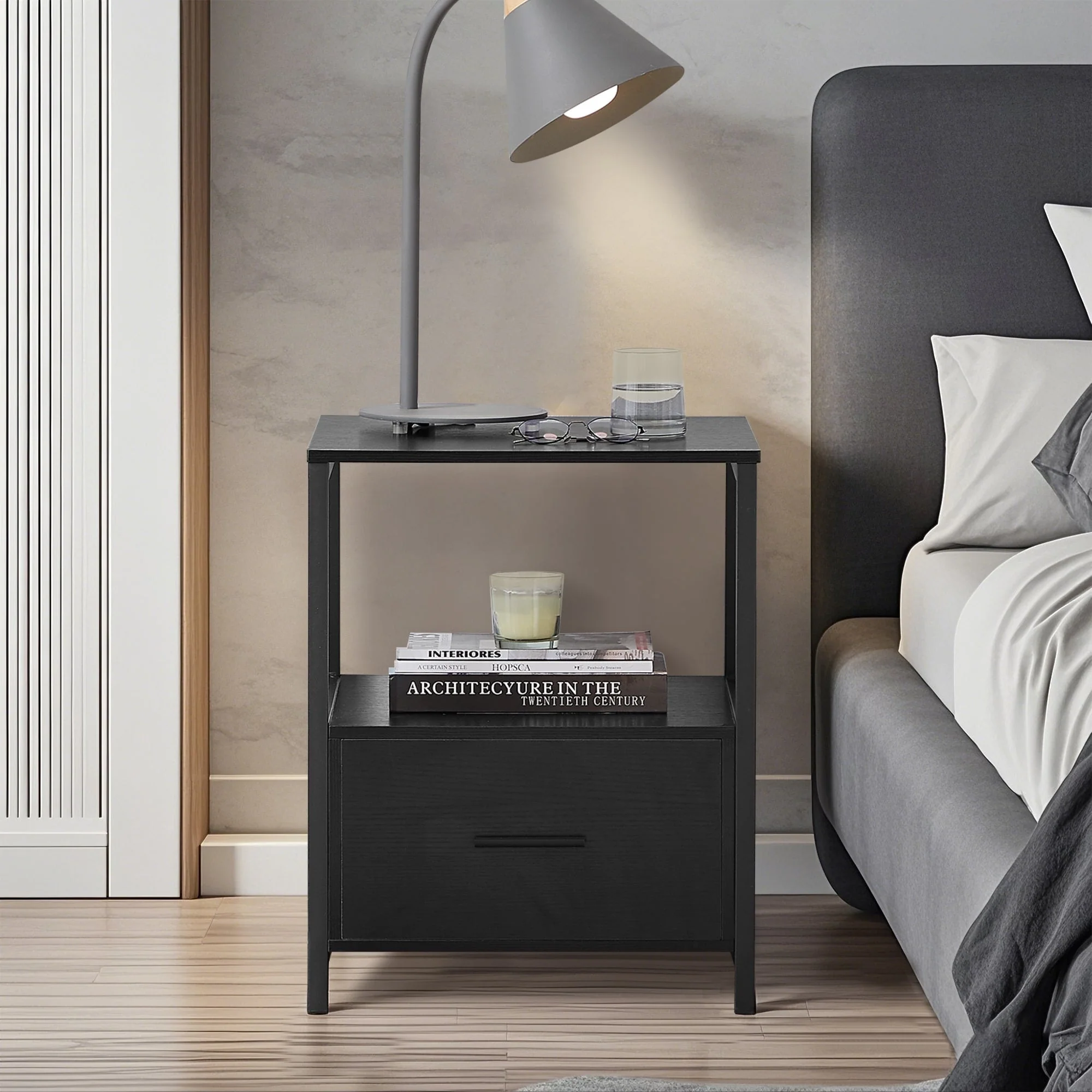 VECELO Modern 1- Drawer Nightstand with Storage Shelf