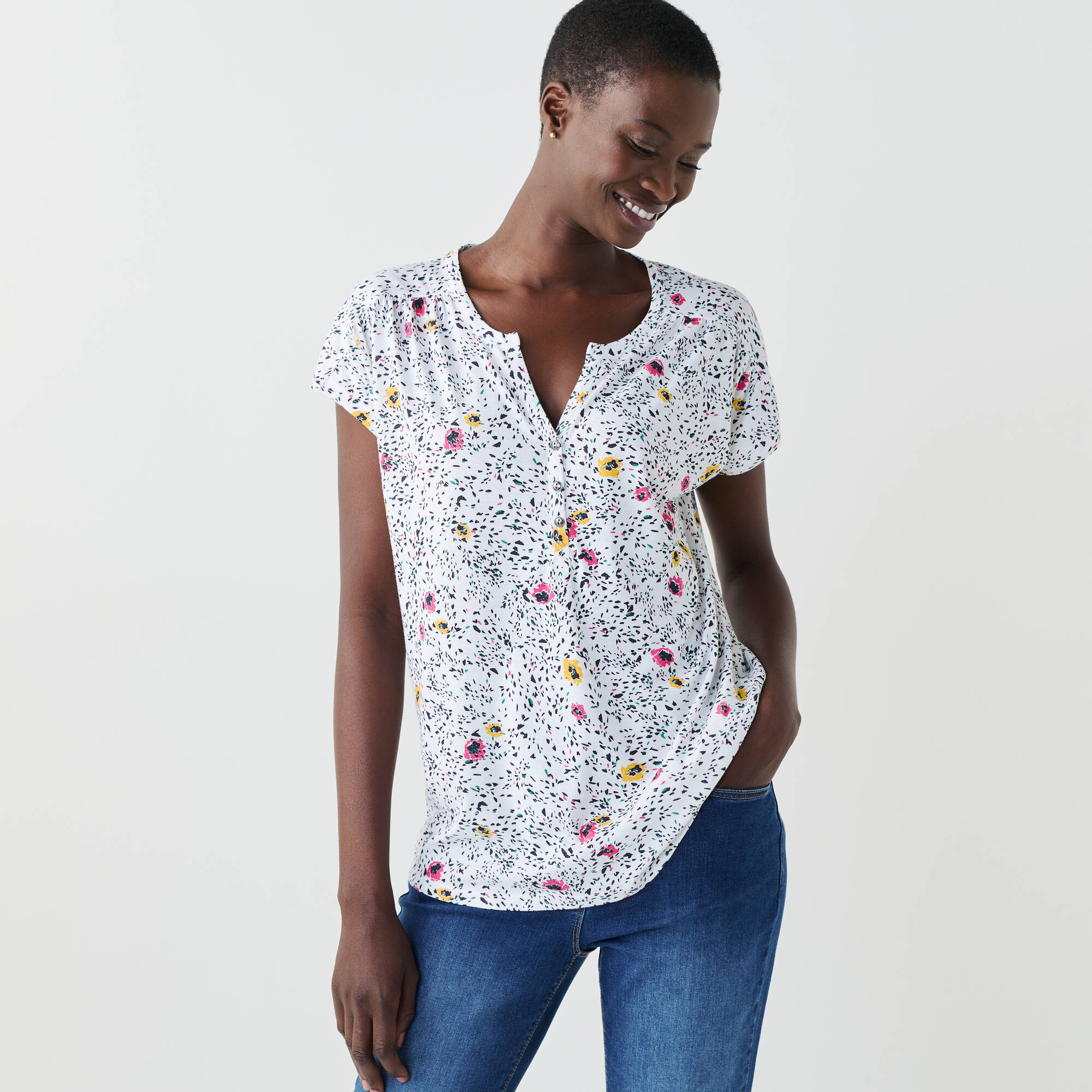 T-shirt col tunisien manches courtes, imprimé