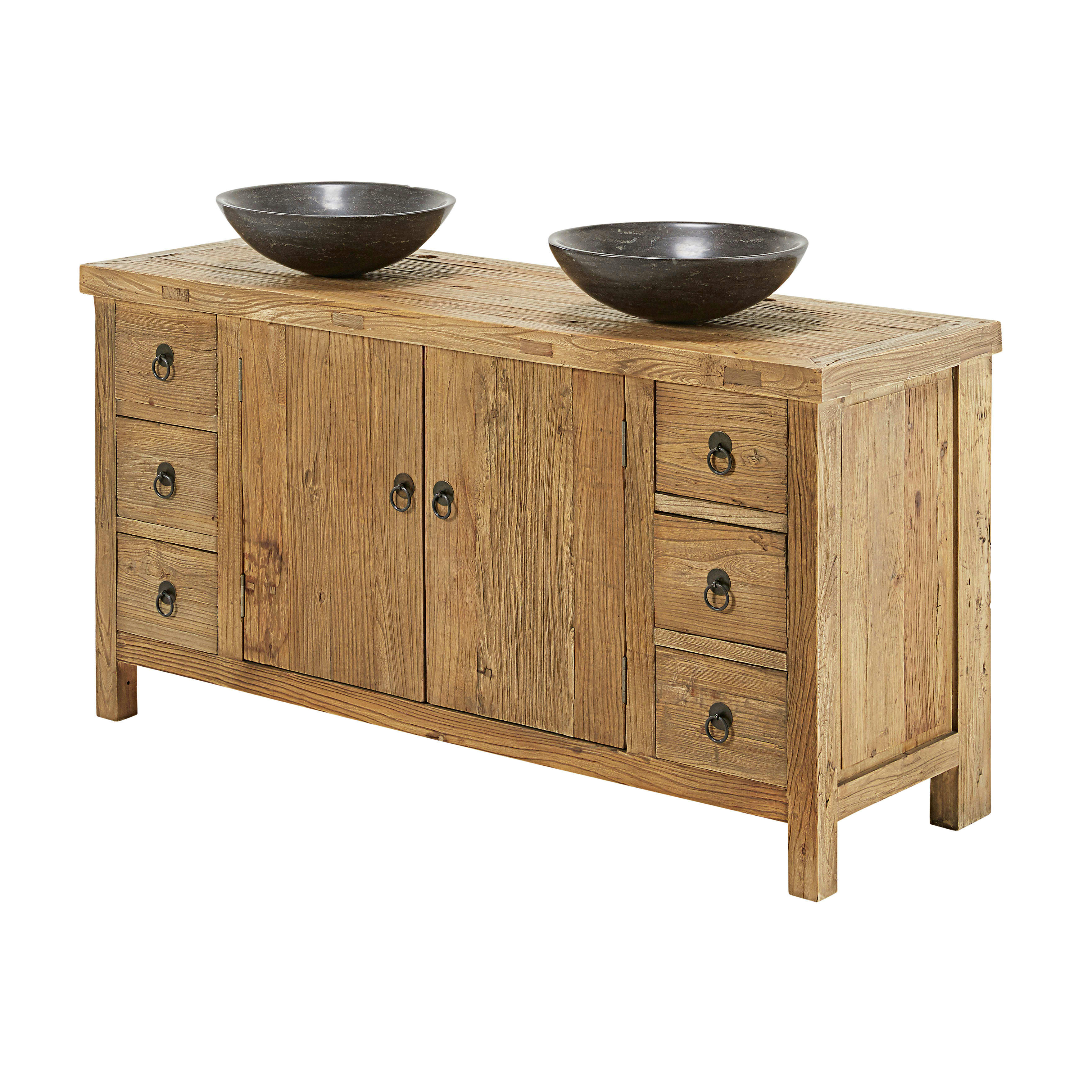 Lotus - Meuble double vasque en bois d'orme recyclé et pierre bleue