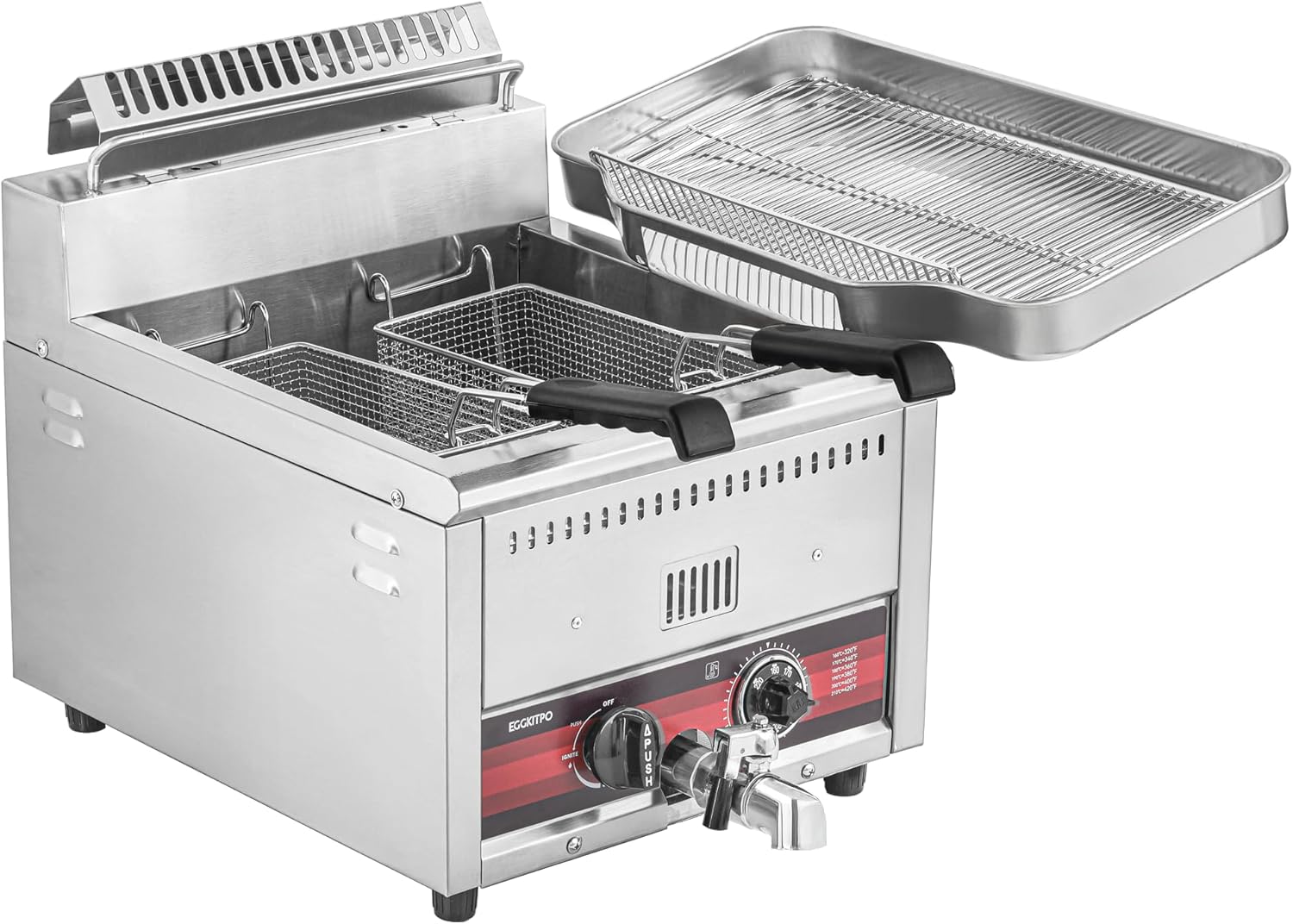 EGGKITPO 45.6LB Commercial Propane Gas Fryer with ignition 22200 BTU/h 2 Baskets Stainless Steel Oil Drain Rack Flat Lid Countertop Deep Fryer with Temp Control and Valve for Food Truck Restaurant