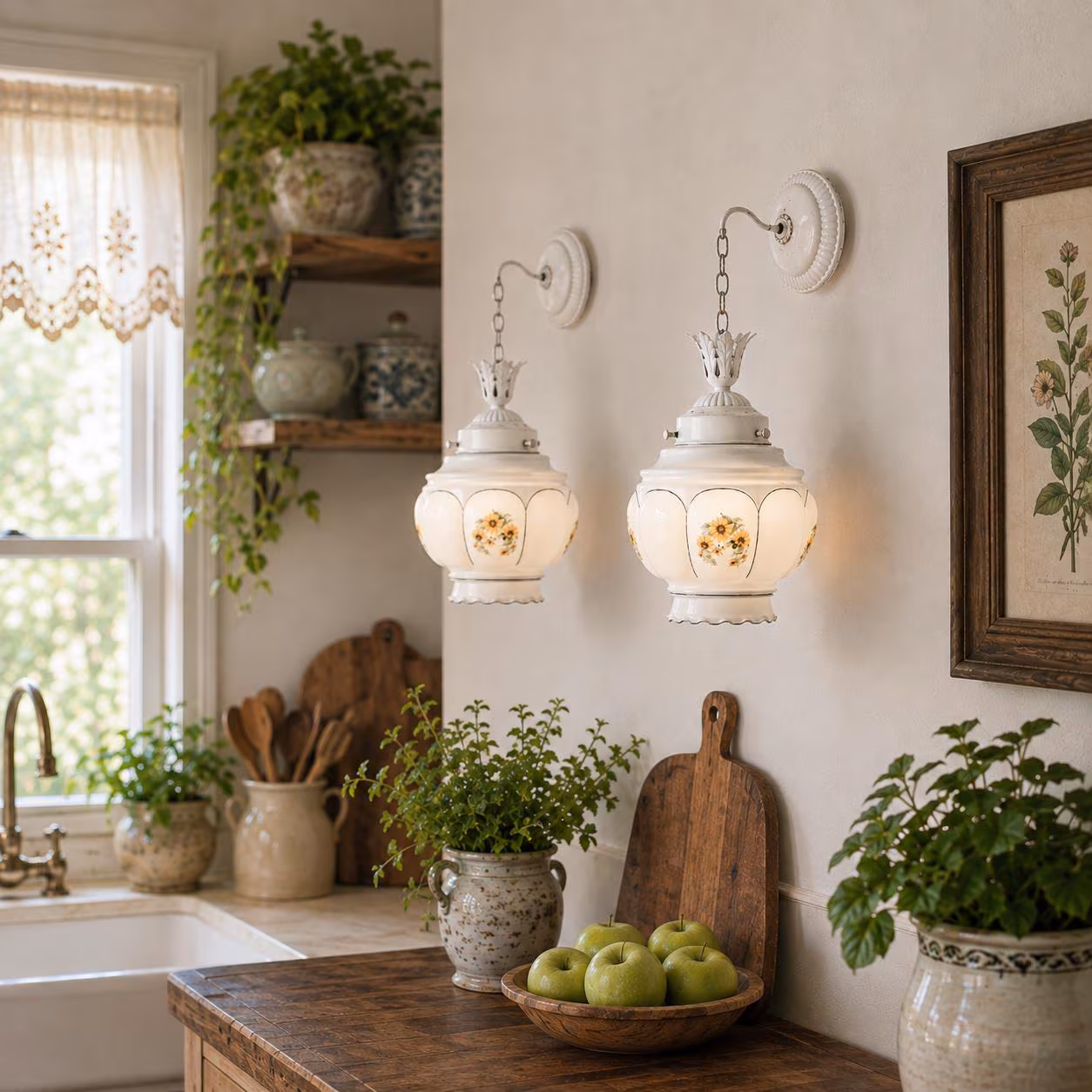 Pair Vintage Milk Glass Pendant Lights, Floral Hanging Ceiling Lights, Cottage Kitchen Lighting, Yellow Flower Light Fixtures