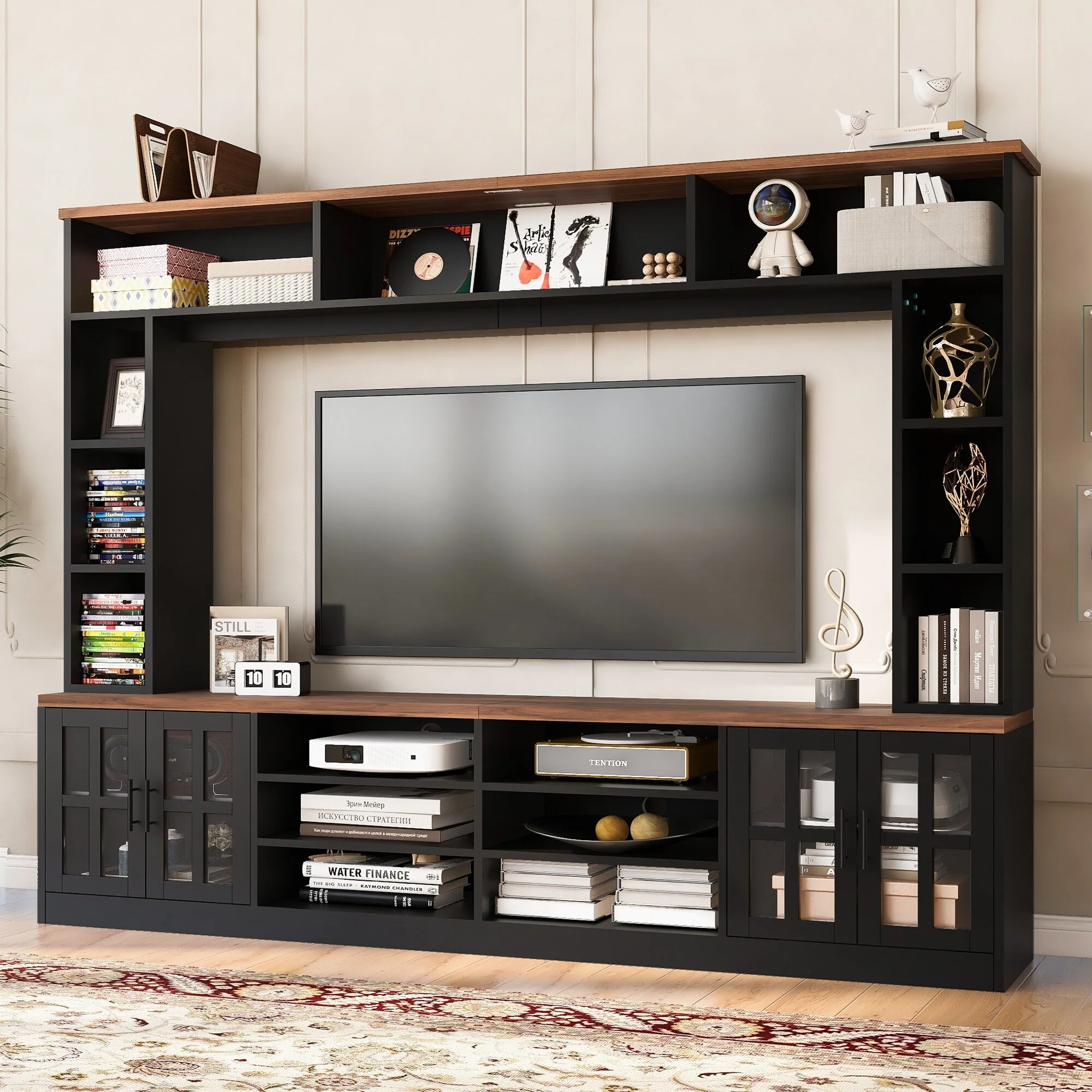 Modern Wall Unit Entertainment Center with Adjustable Shelves and Tempered Glass Doors