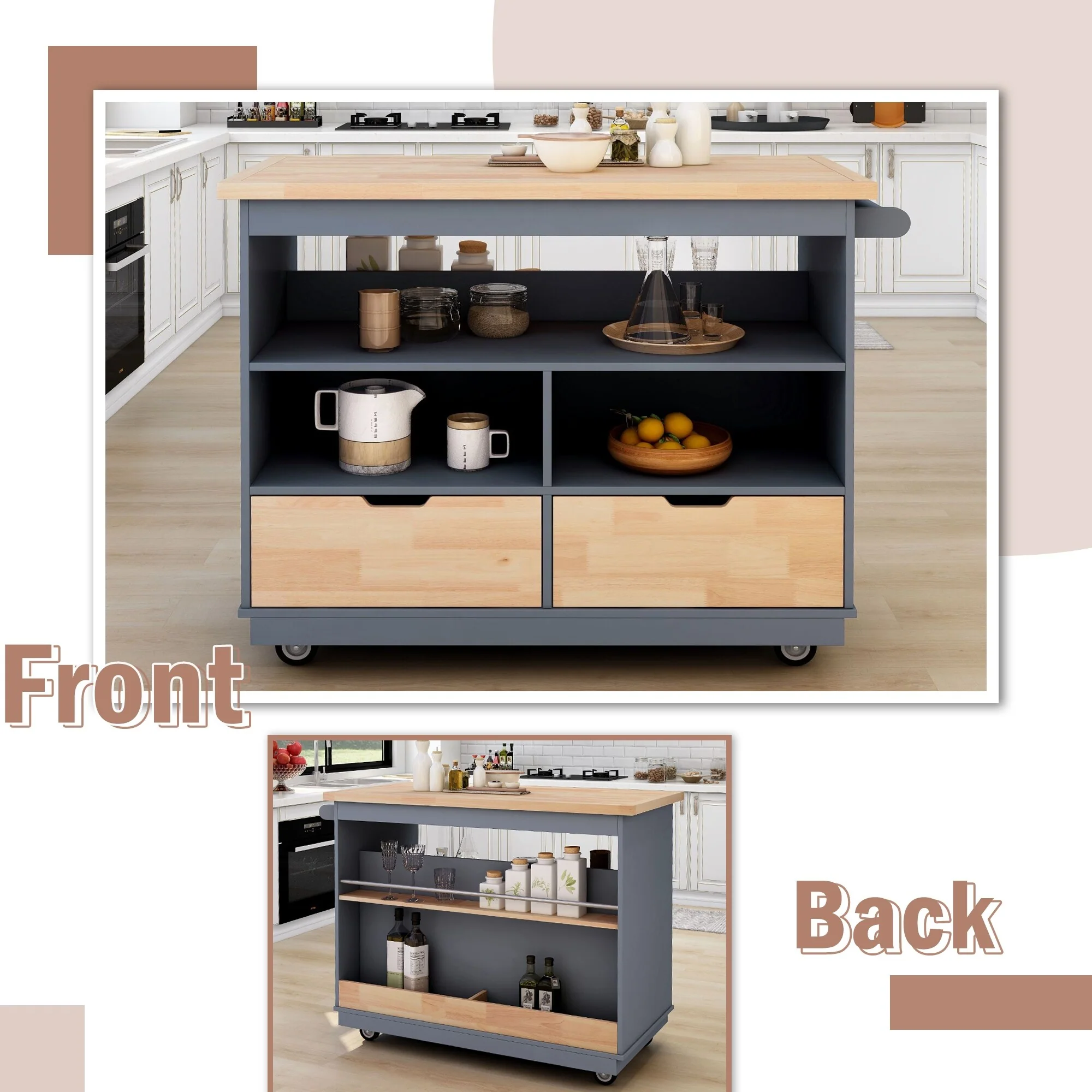 Rolling Kitchen Island With Storage(no include stool)