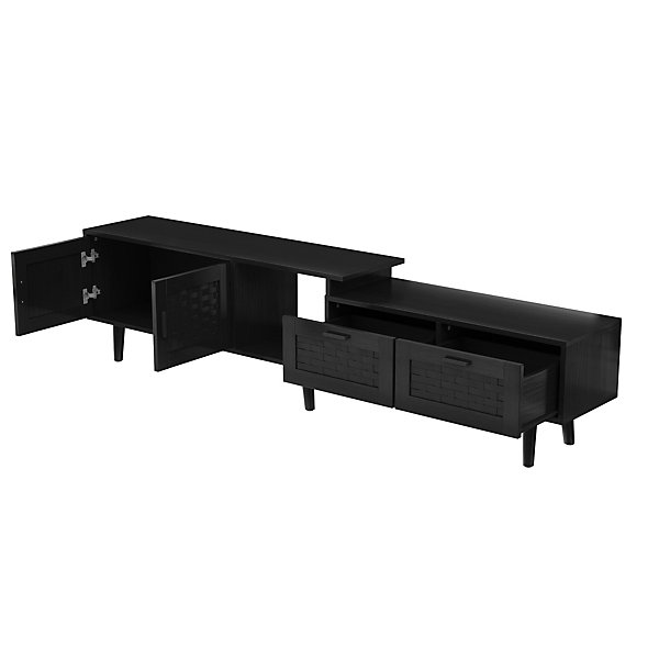 Meuble TV extensible 146-180 cm avec façades effet cannage, rangement modulable, pieds en bois massif, jusqu'à 75 pouces, Noir
