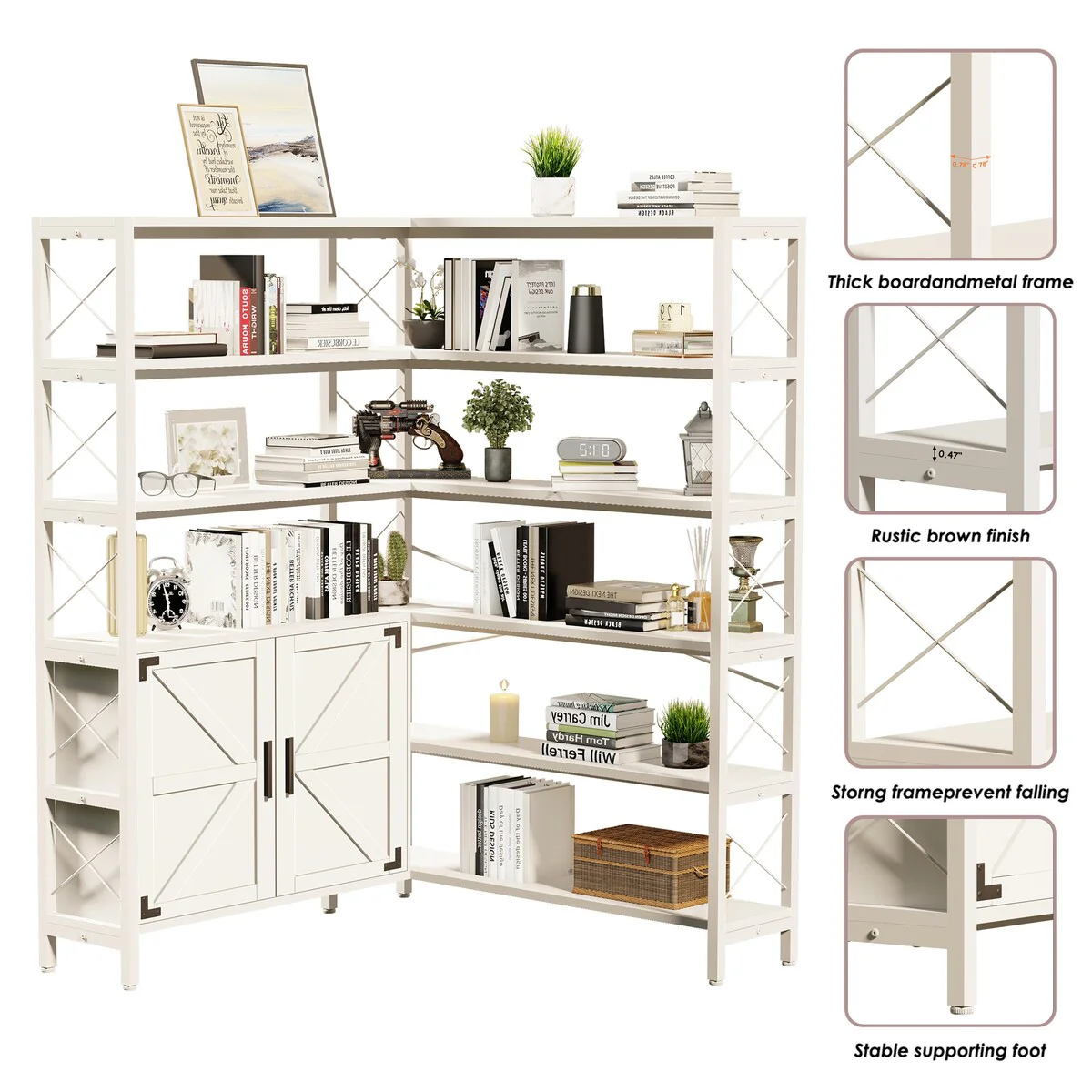 6-Shelf Corner Bookshelf Large, White Barn Door L-Shaped Bookcase with Storage Cabinet, Large Book Shelf, Metal Framed