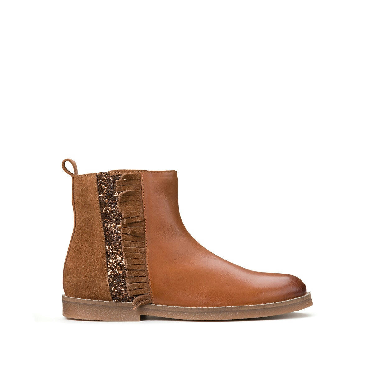Bottines cuir, détails franges et paillettes