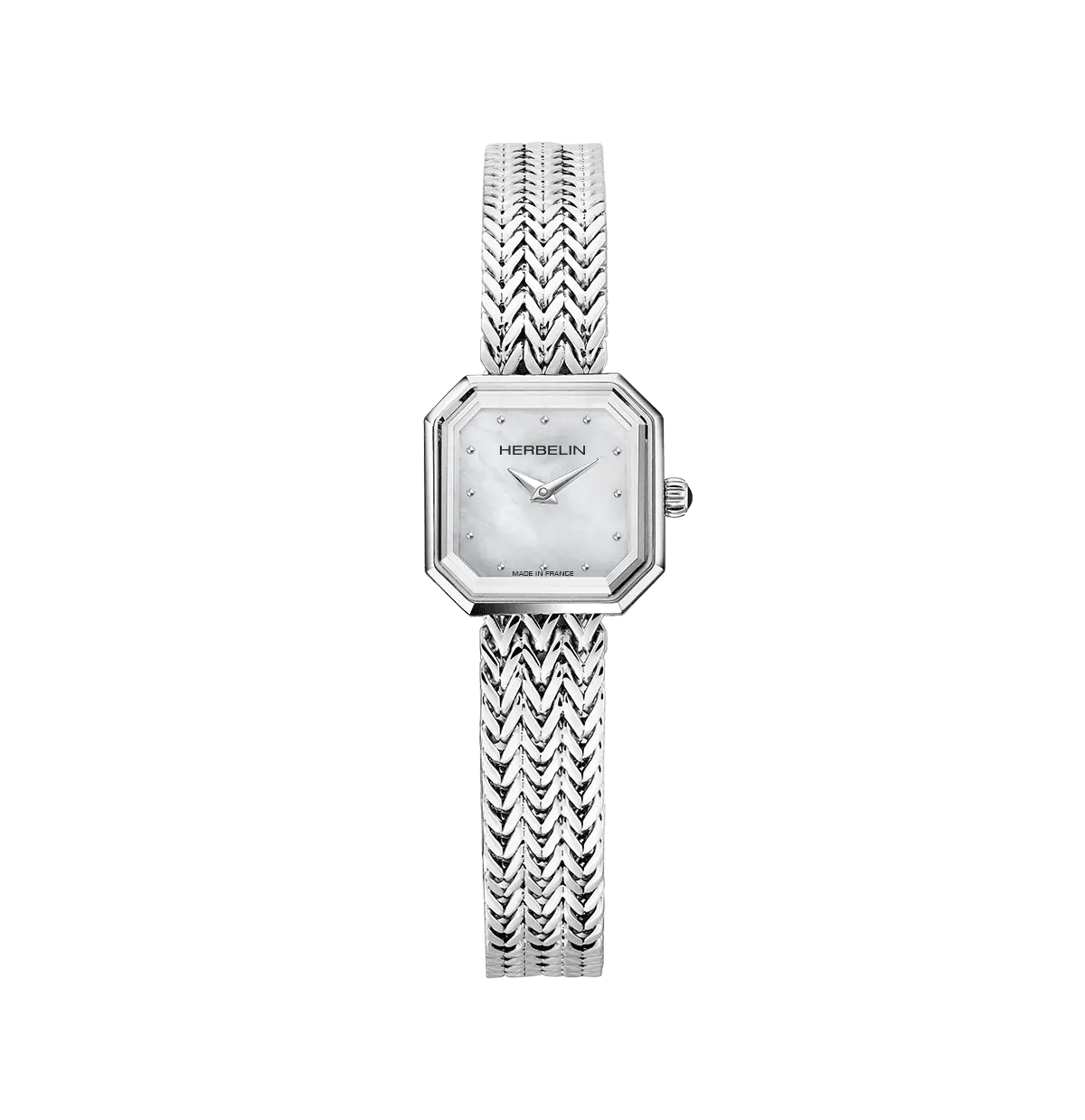 OCTOGÔNE – QUARTZ CARRÉ – ACIER & NACRE BLANCHE