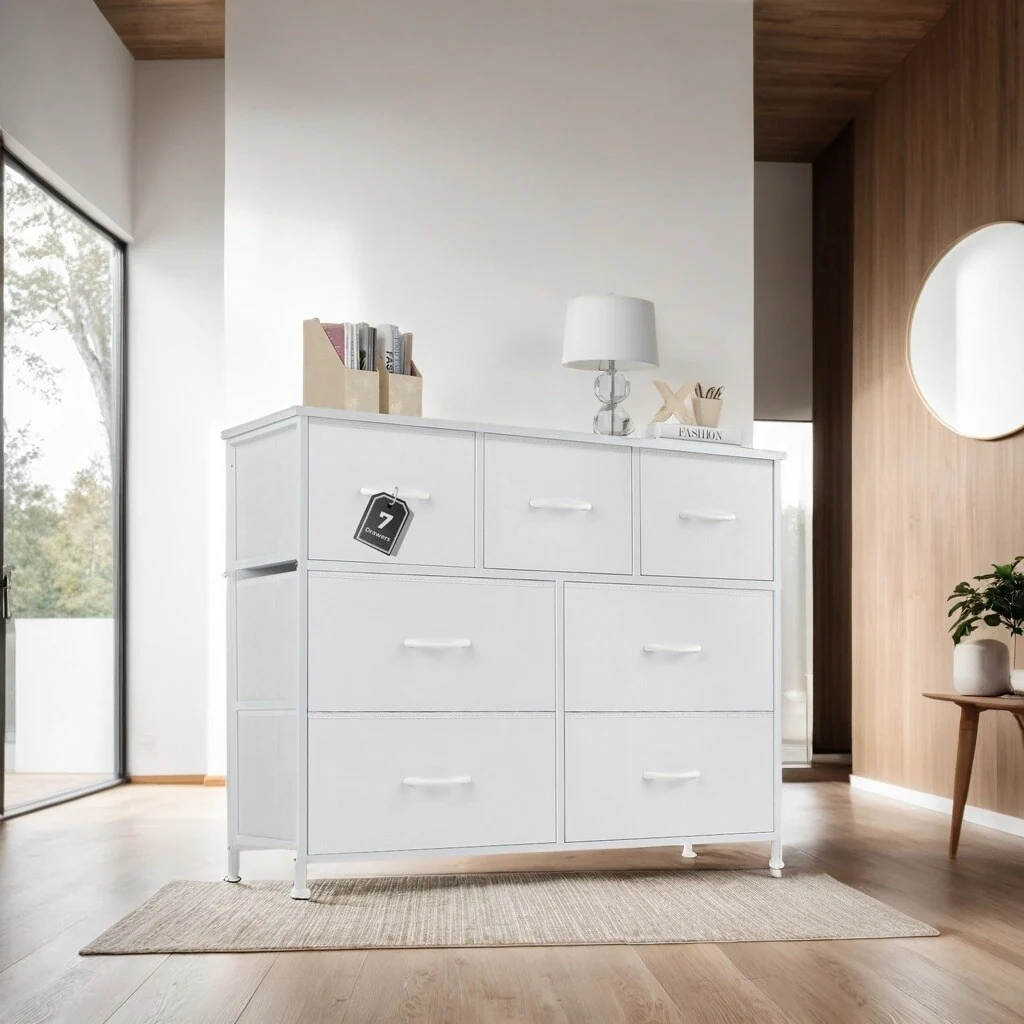 Modern 7-Drawers Dresser, Acacia Wood Storage Cabinet Organizer Lockers with Sturdy Frame & Feet for Bedroom Hallways, Black